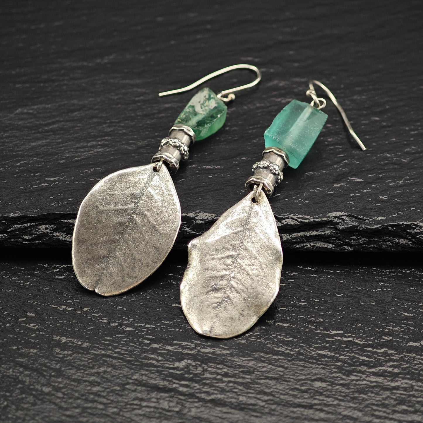 Vintage Green Sea Glass, Leaf Fish Hook Earrings Sterling Silver