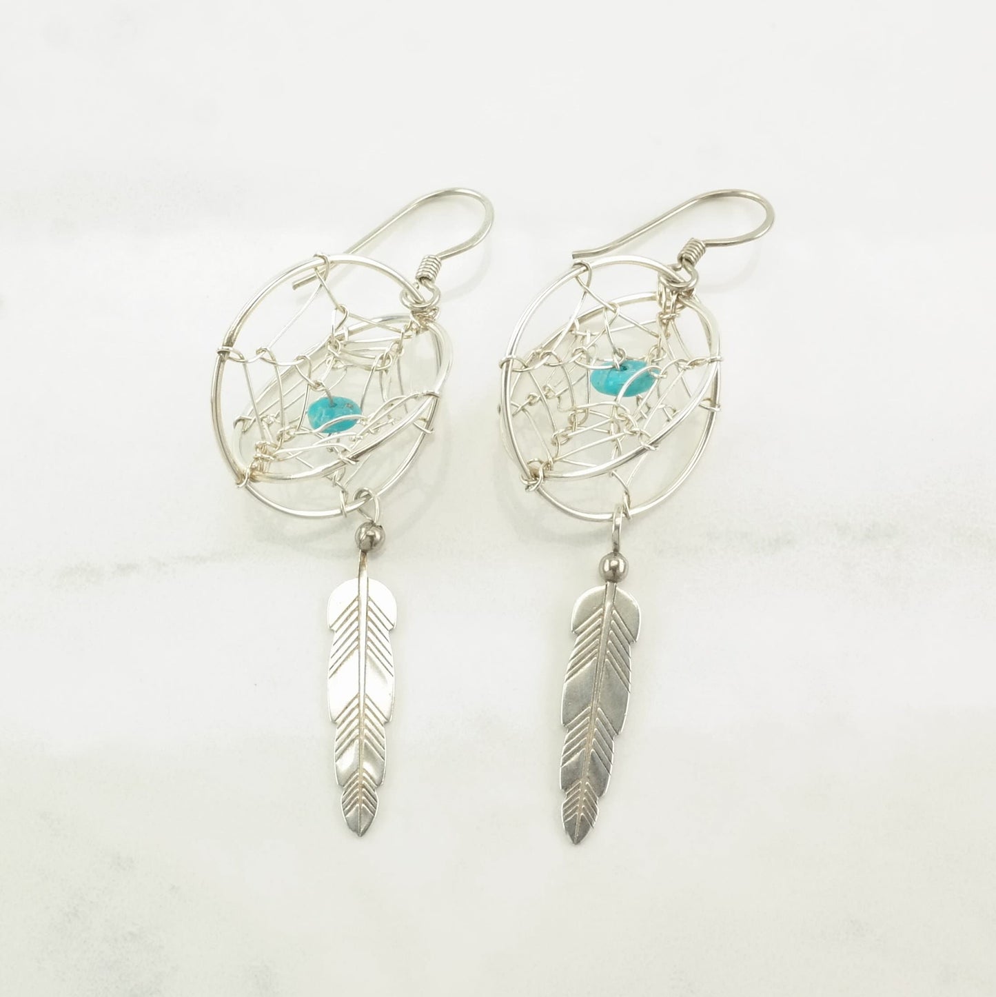 Southwest Sterling Silver Turquoise Dreamcatcher, Feather Earrings Fish hook