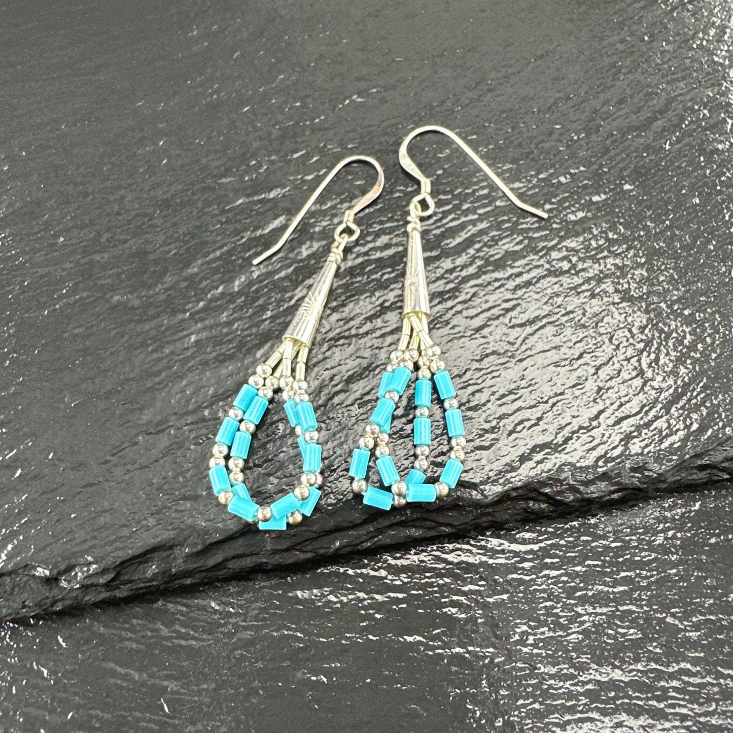 Southwestern Blue Block Liquid Turquoise Bead Earrings Sterling Silver Dangle Fish Hook