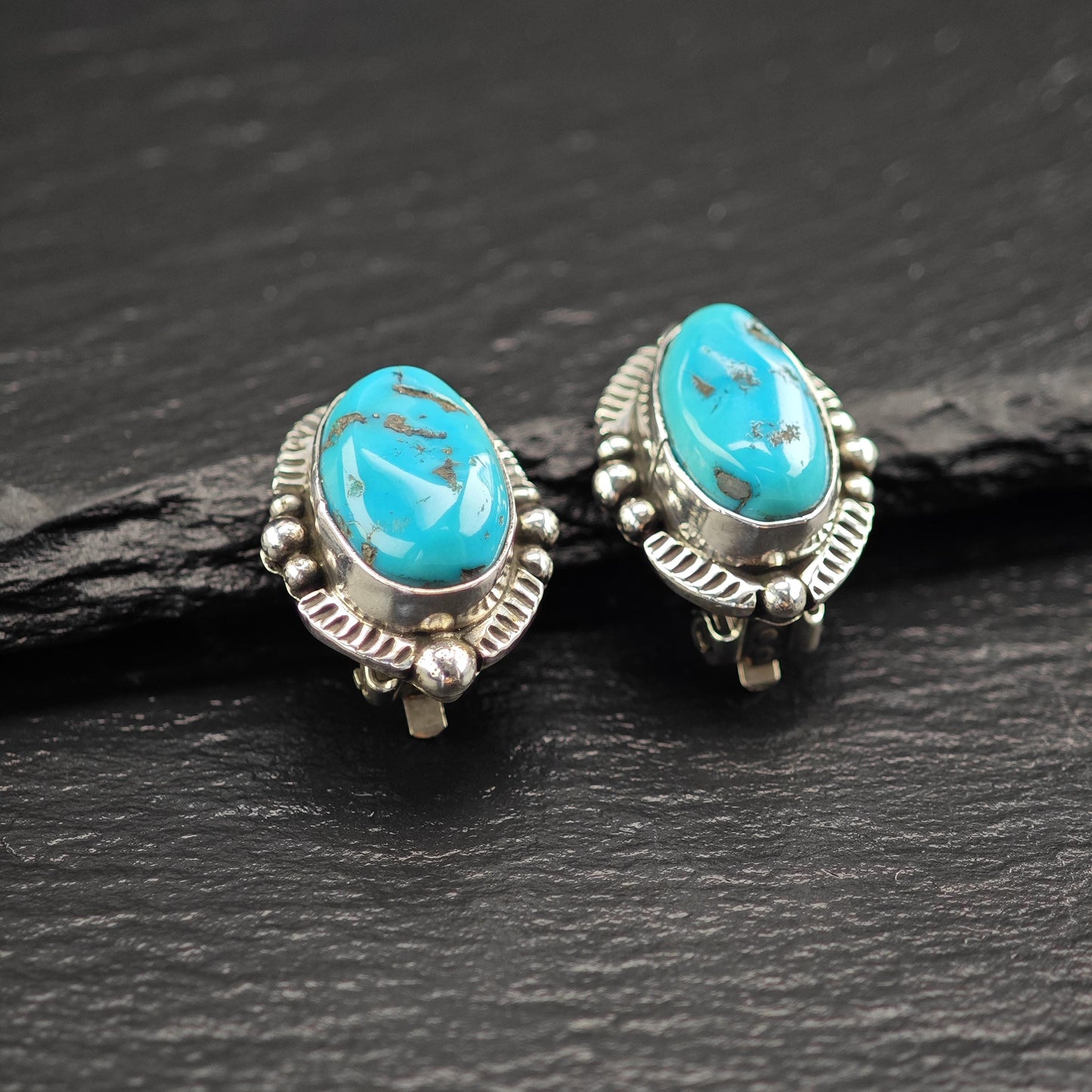 Native American Blue Turquoise Clip-On Earrings Sterling Silver Oval Design