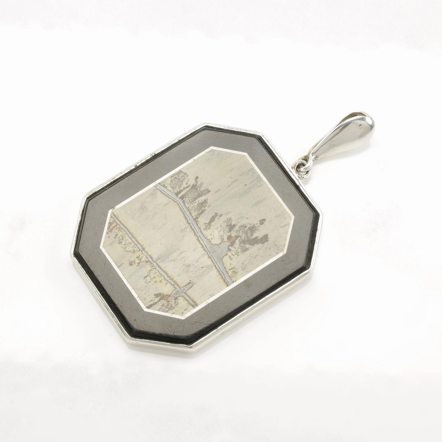 Vintage OOAK Modernist Intarsia, Onyx, Dendritic Agate Frame Sterling Silver Pendant