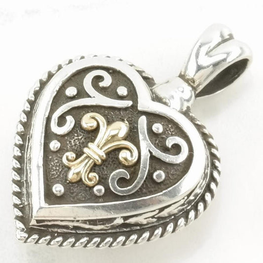 Vintage Fleur De Lis, Heart 14K Gold Accents Sterling Silver Pendant
