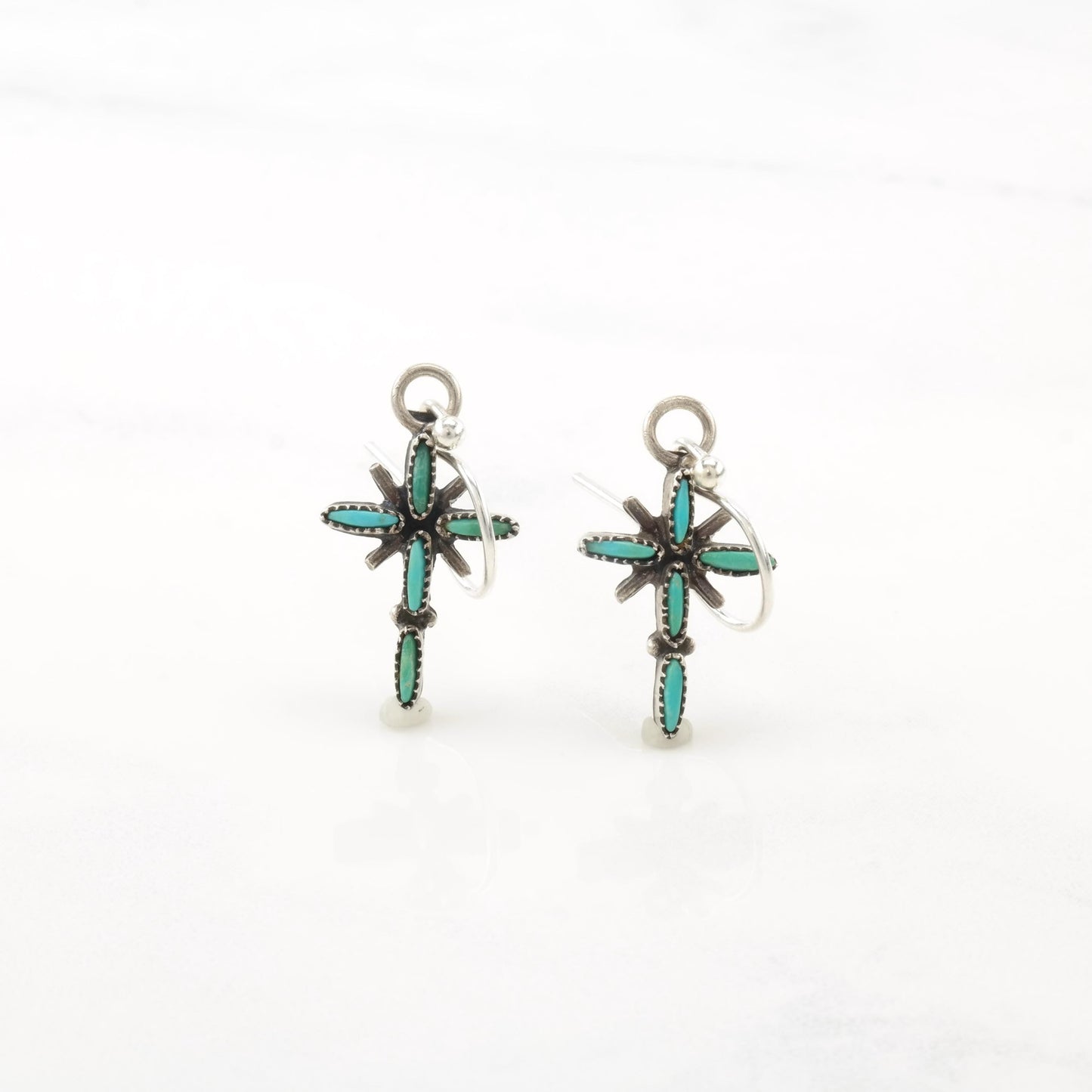 Vintage Native American Green, Blue Turquoise Cross Sterling Silver Fish Hook Earrings