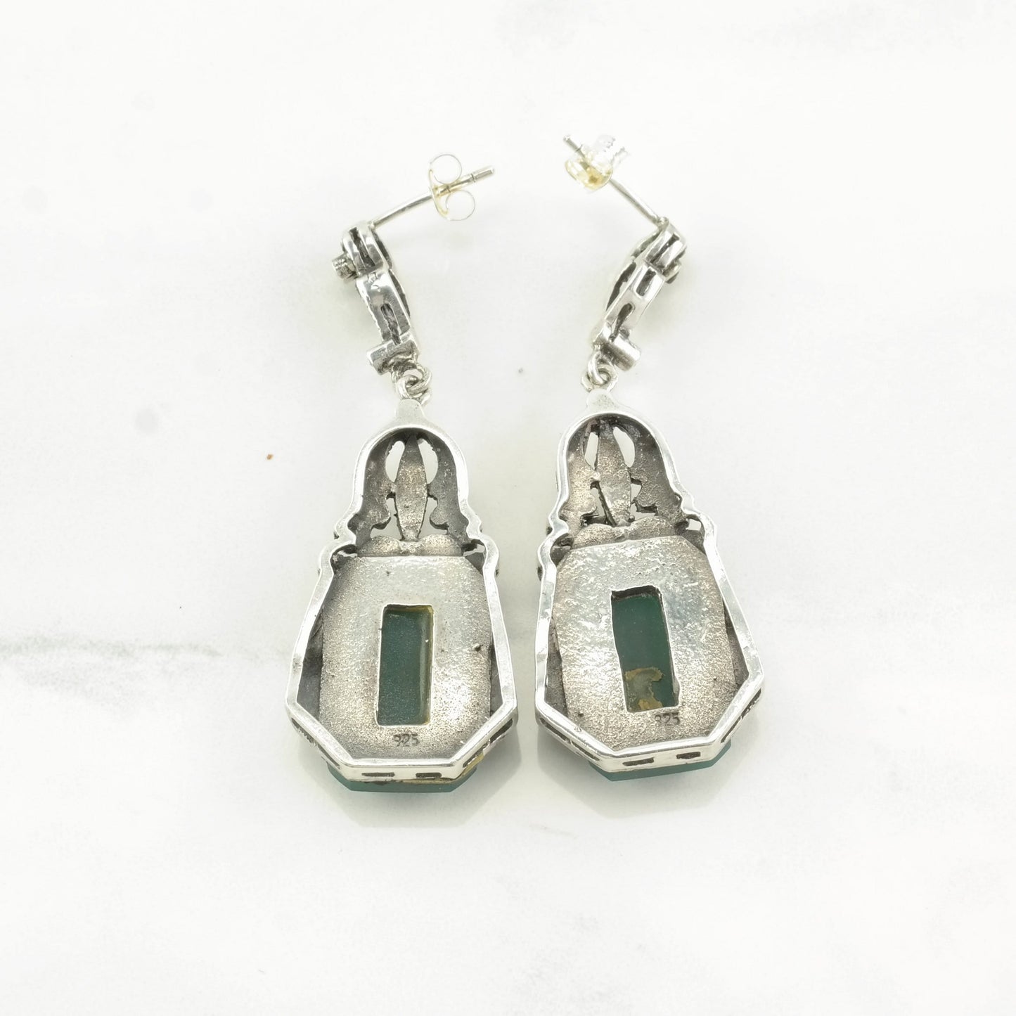 Art Deco Style Sterling Silver Green Chrysoprase Marcasite Earrings Stud/dangle