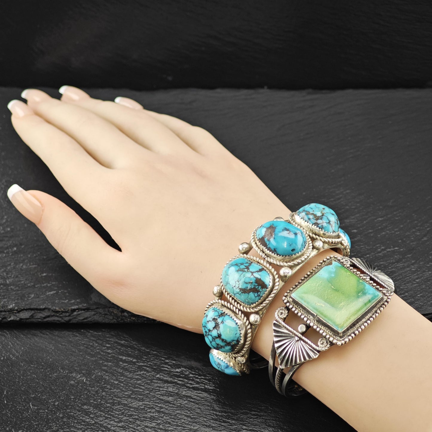 Vintage SW Six Spiderweb Turquoise Row Cuff Bracelet Sterling Silver Sz 6 1/2"