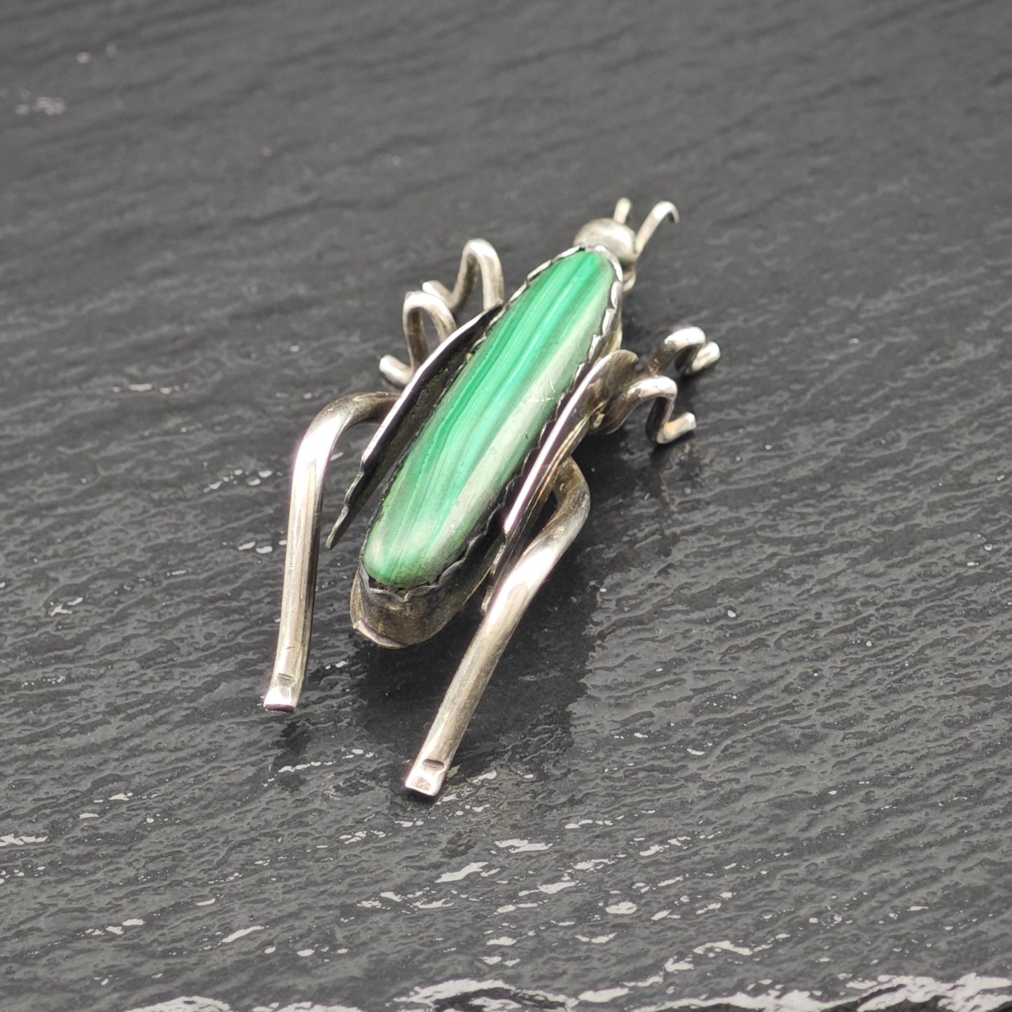 Native American Sterling Silver Brooch Grasshopper Green Malachite
