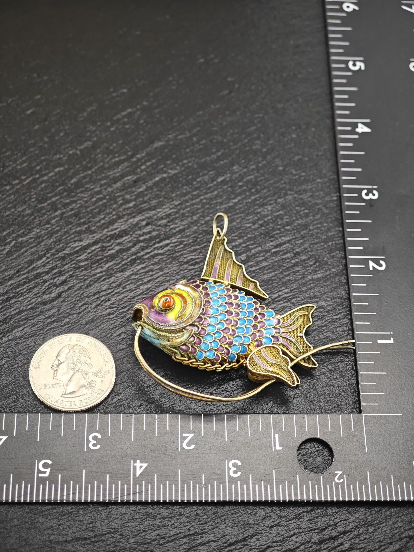 Articulated Enamel Chinese Export Koi Fish, Gold Gilded Sterling Silver P2746