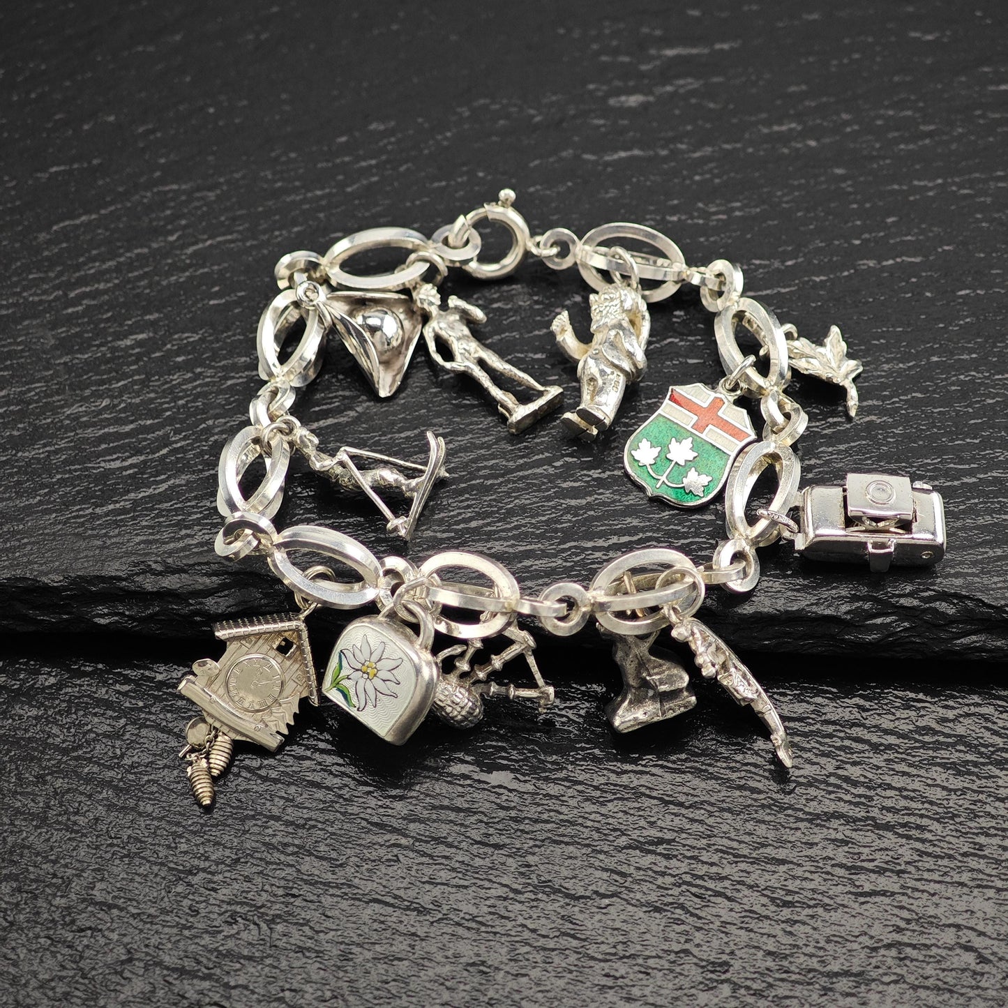 1950's 10 Charm Bracelet 1 Pewter, Enamel, Skier Sterling Silver