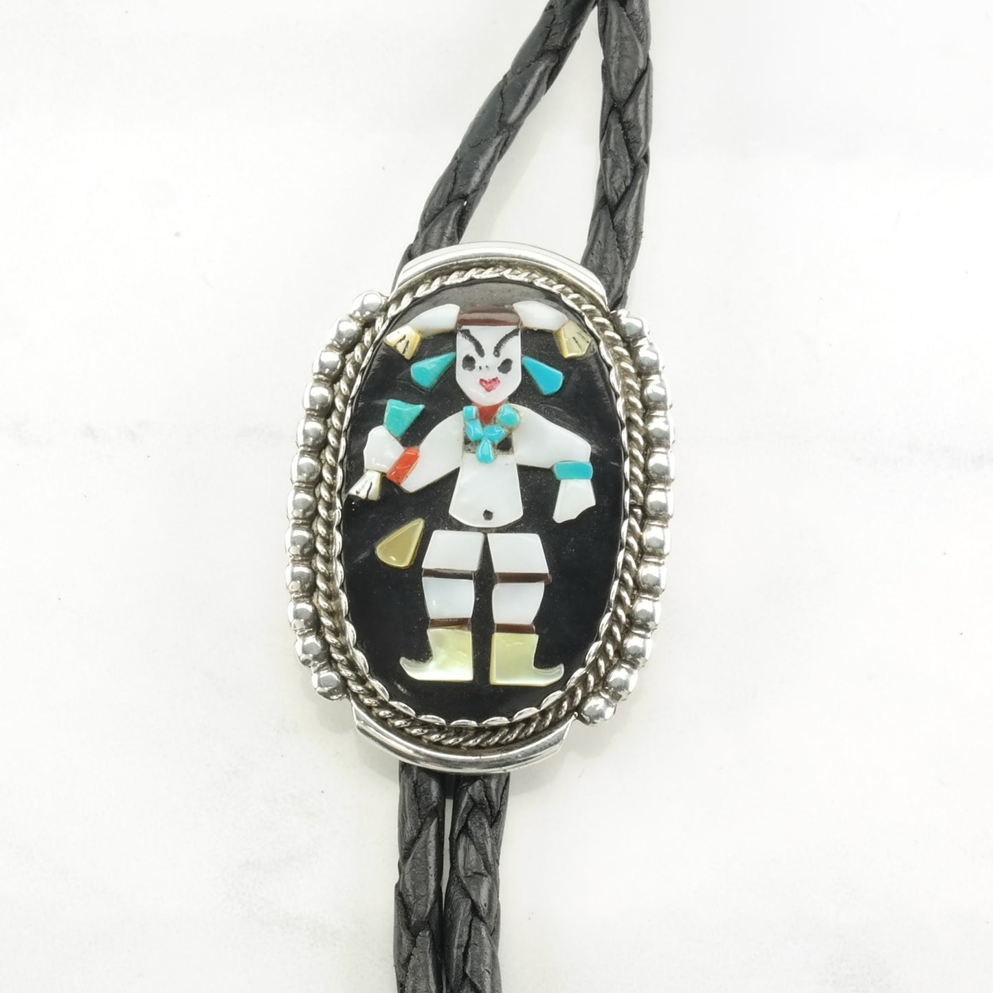 Zuni Calavaza Inlay Bolo Tie Figure Sterling Silver Turquoise Coral Necklace