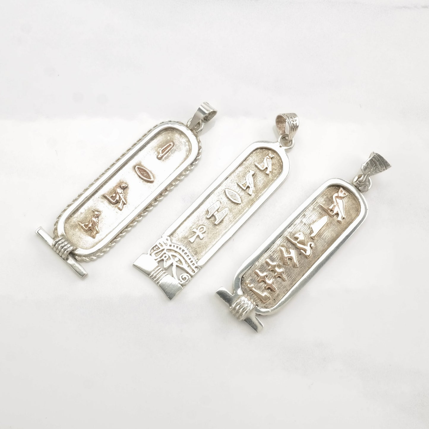 Vintage Egyptian Hieroglyph, Cartouche, Gold Accent Sterling Silver Pendant