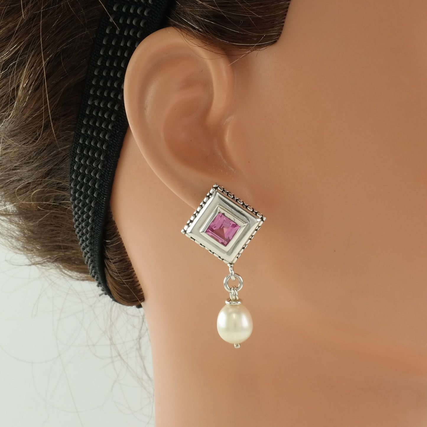 Michael Dawkins Sterling Silver Pink Sapphire, Pearl Earrings Stud