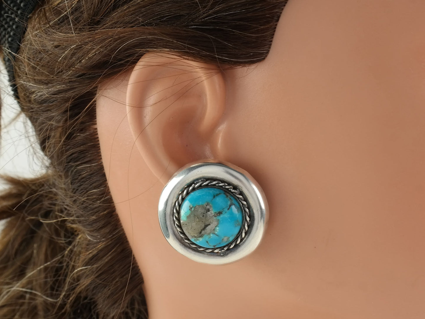 Southwest Turquoise Sterling Silver Circle Clip On Earrings