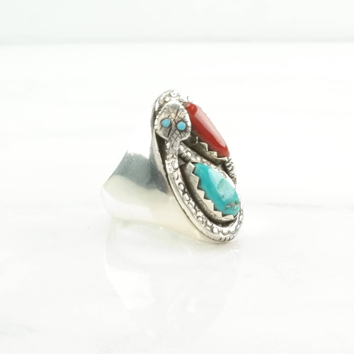 Zuni Silver Ring Turquoise, Coral Snake Sterling Blue, Red Size 11 1/2