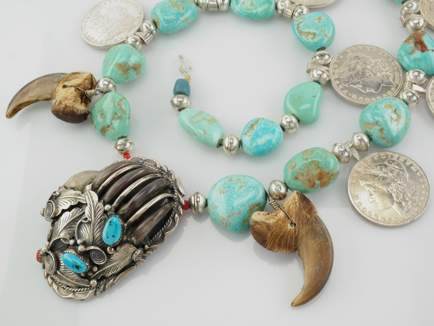 Vintage Native American Blue Turquoise Coral Claw Coin Necklace Sterling Silver