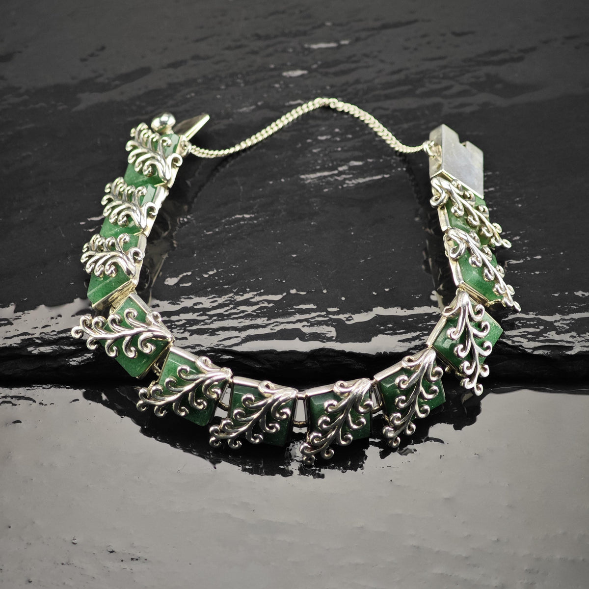 Antonio Pineda Green Gemstone Panel Link Bracelet Sterling Silver Sz 6 3/4" BR3171