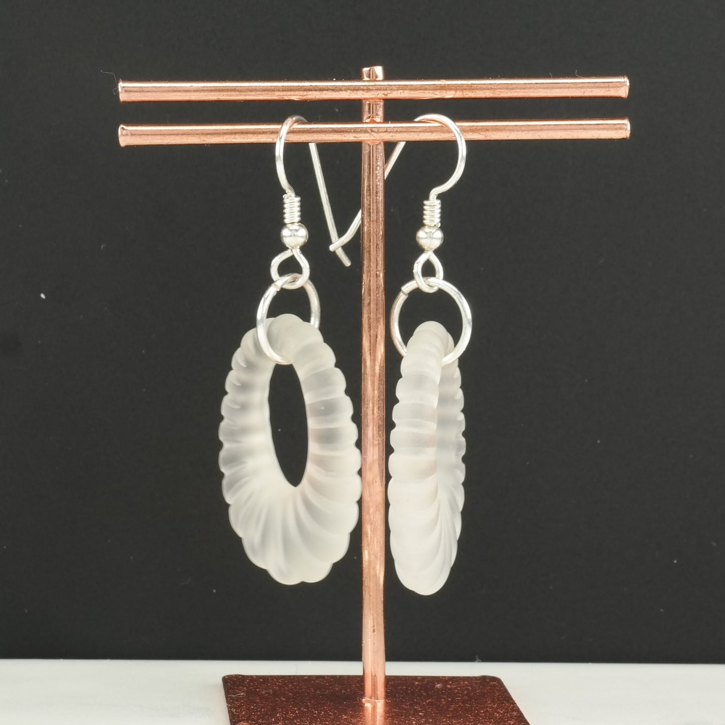 Vintage Sterling Silver Fish hook, dangle Earrings White Sand Blasted, Rock Crystal