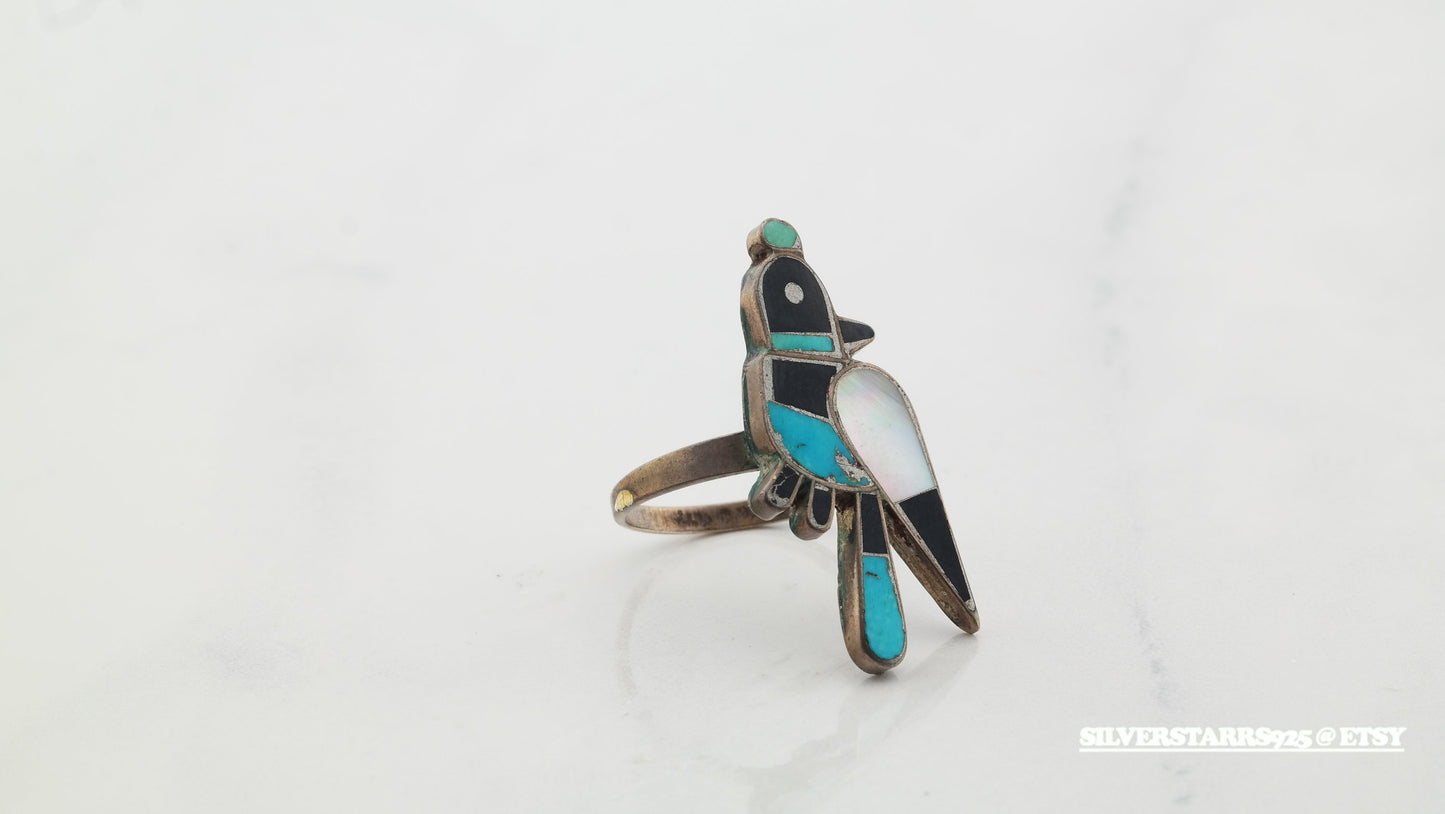 Native American Silver Ring Turquoise, Jet, MOP Inlay, Bluejay Sterling Size 7