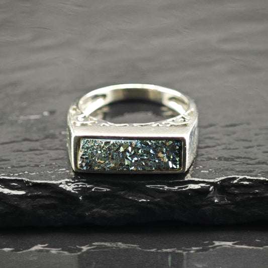 Druzy Inlay Signet Style Sterling Silver Ring Sz 6 R6816