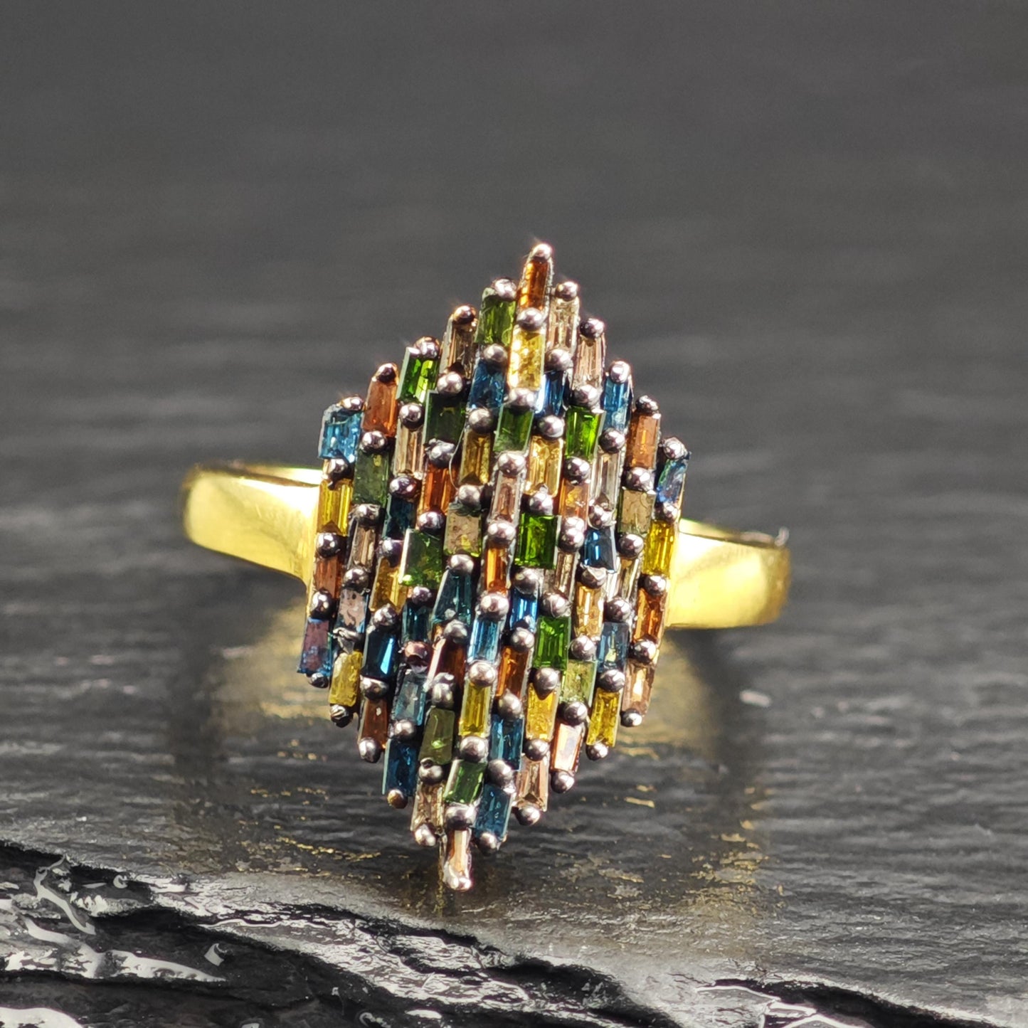 Color Diamond Marquis Shape Gold Plated Sterling Silver Ring Sz 6 R6610