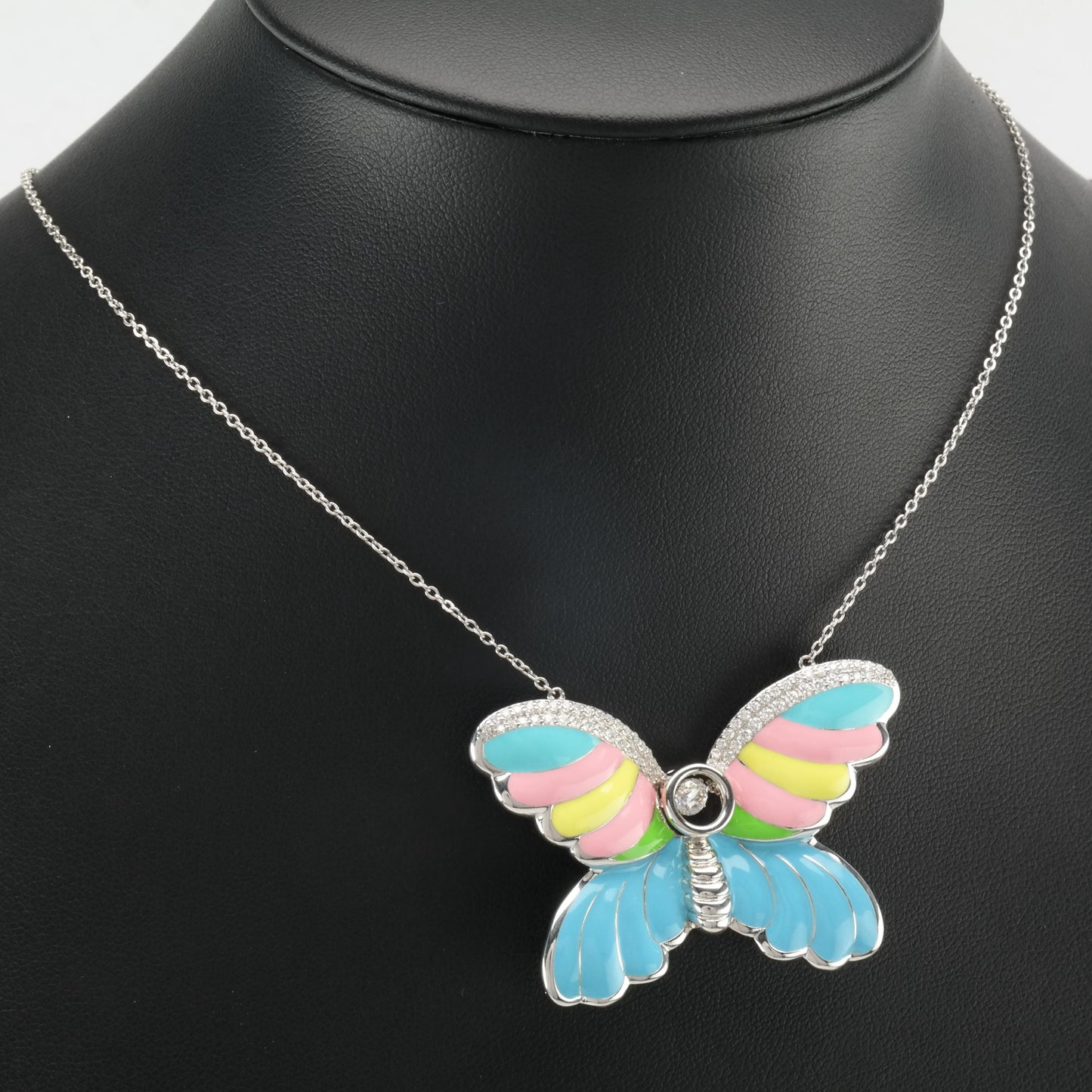 Sterling Silver Enamel Butterfly Dangling Moissanite Necklace N2418