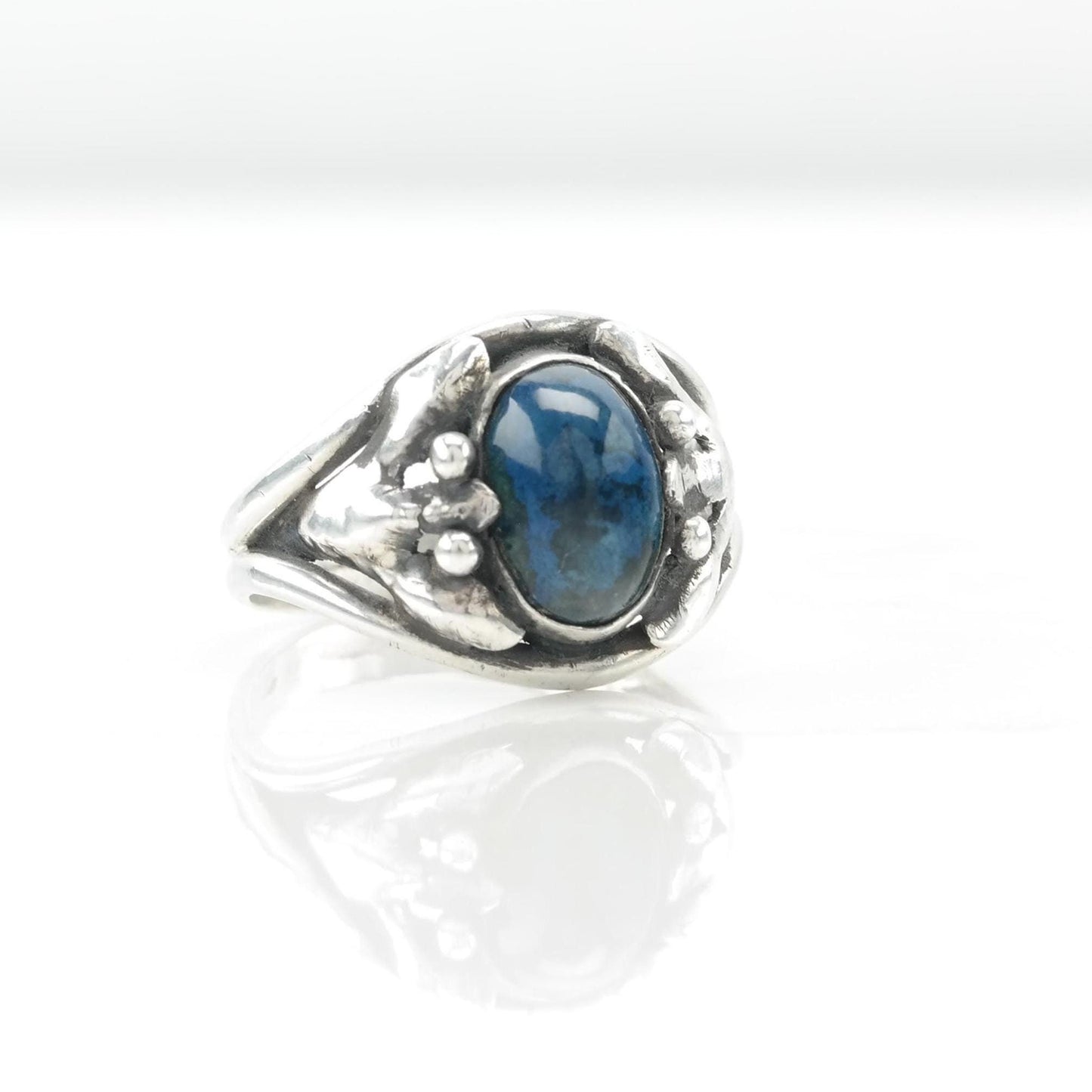 Blue Agate Art Nouveau Silver Ring Sterling Size 6 1/2