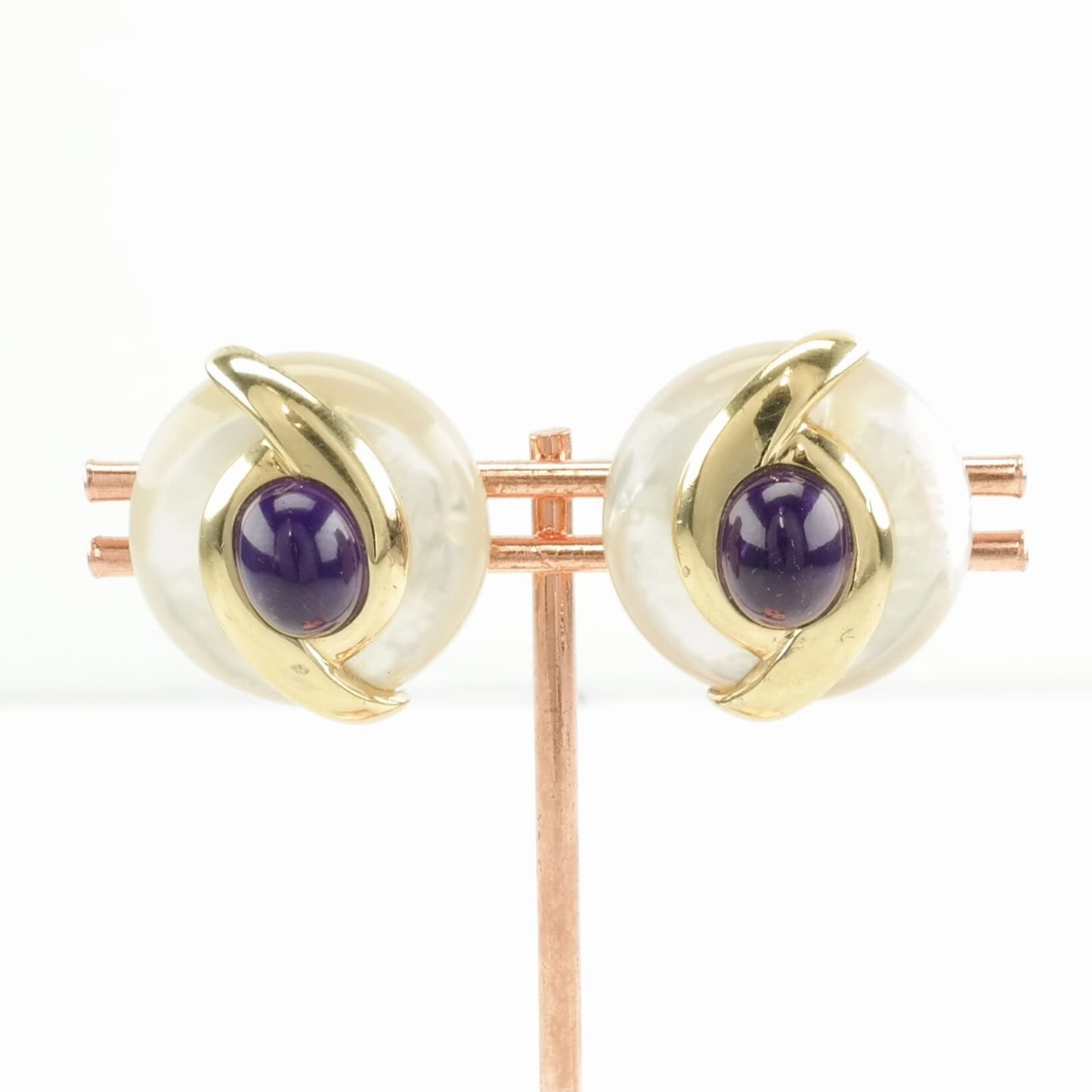 Vintage Sterling Silver Omega back Earrings Purple Amethyst, MOP Gold Toned Accents