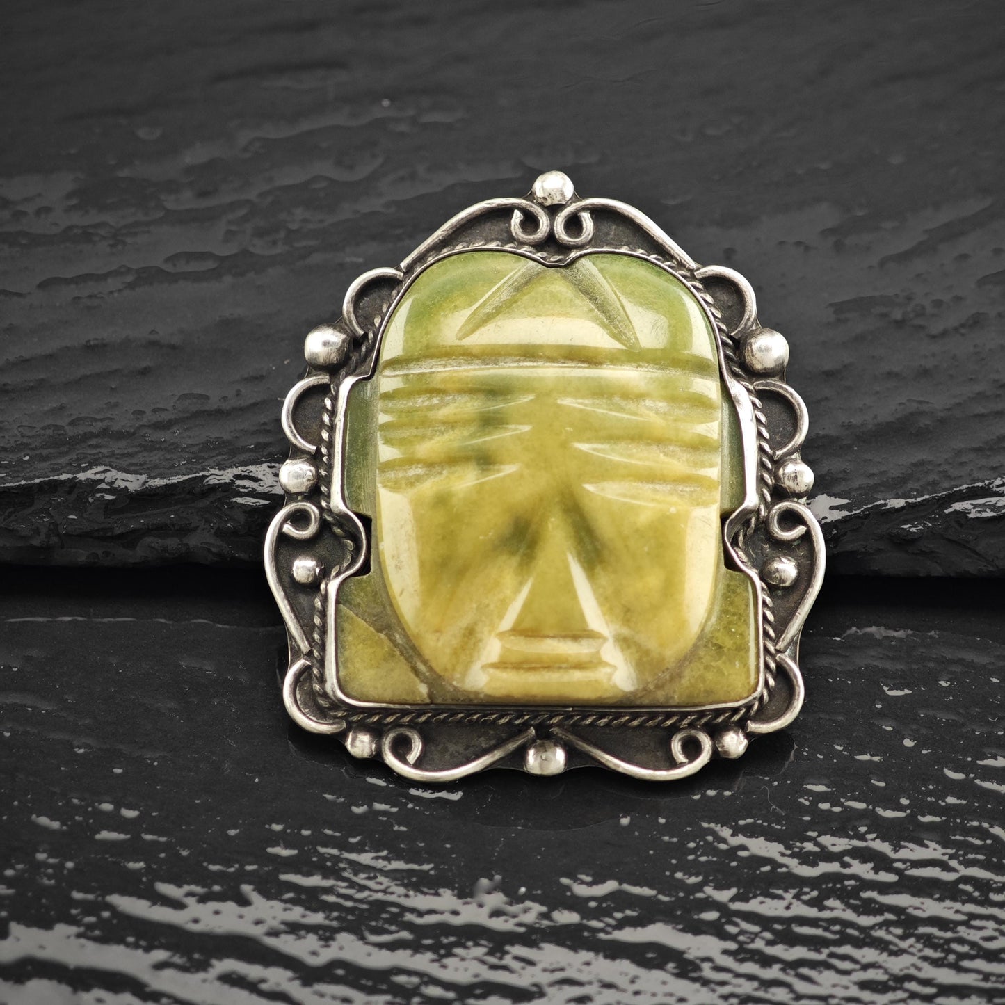 Vintage Green Tribal Mask Brooch Carved Jade Onyx in Sterling Silver
