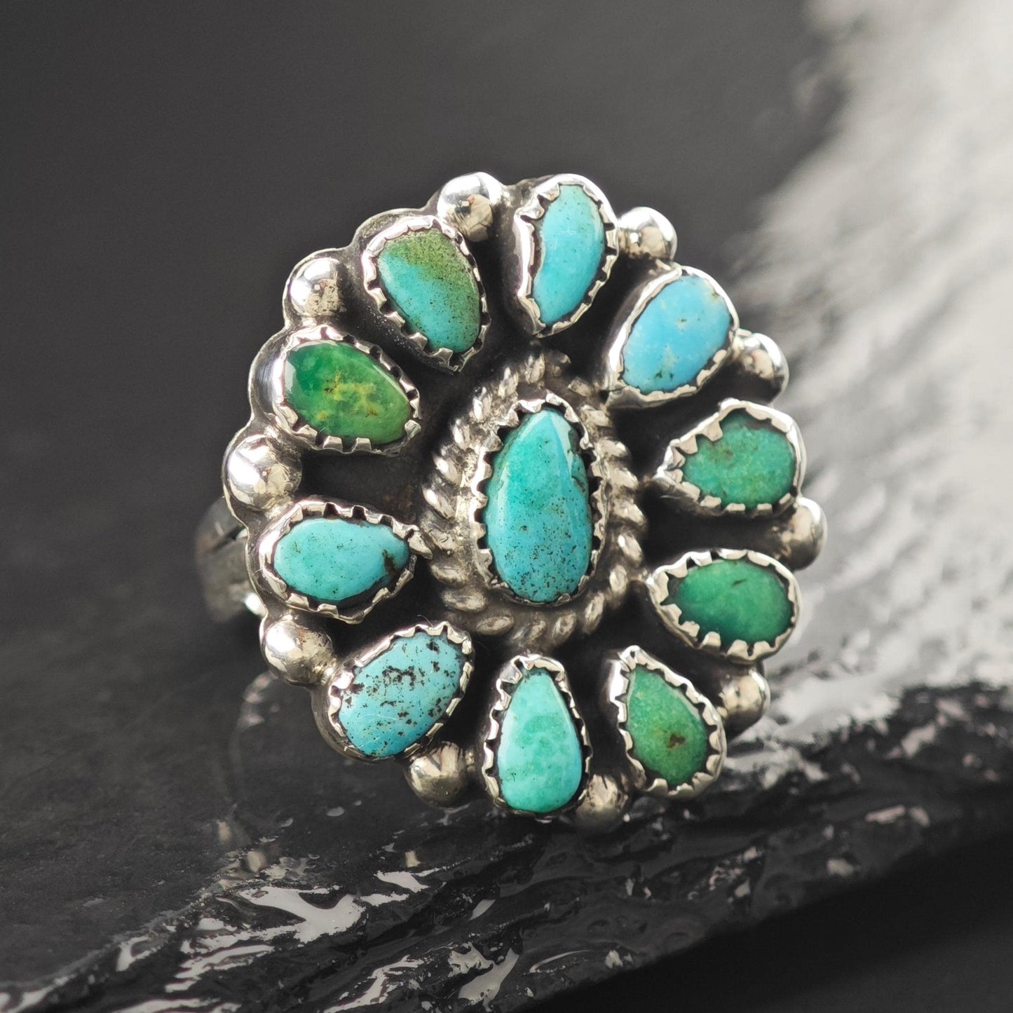 Native American Cluster Turquoise Ring Sterling Silver