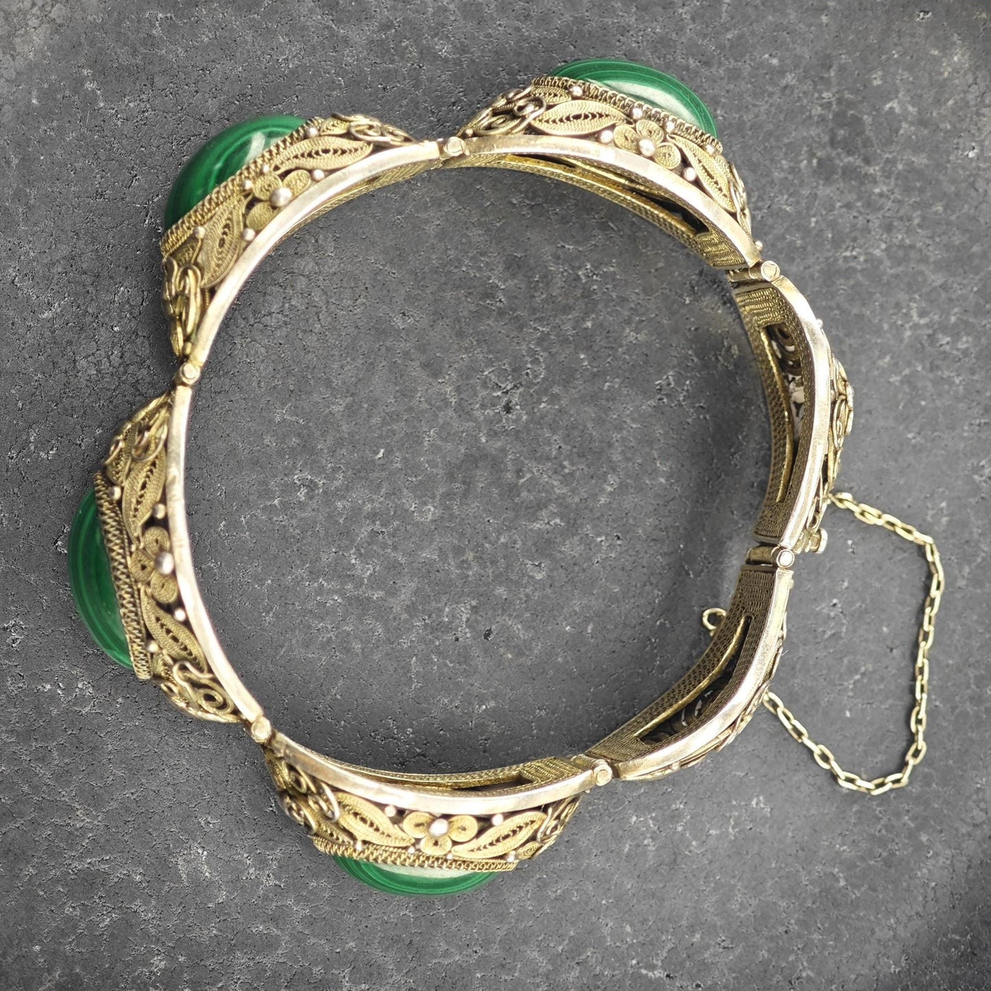 Chinese Silver Gilt Filigree, Malachite Panel Bracelet Sterling Silver