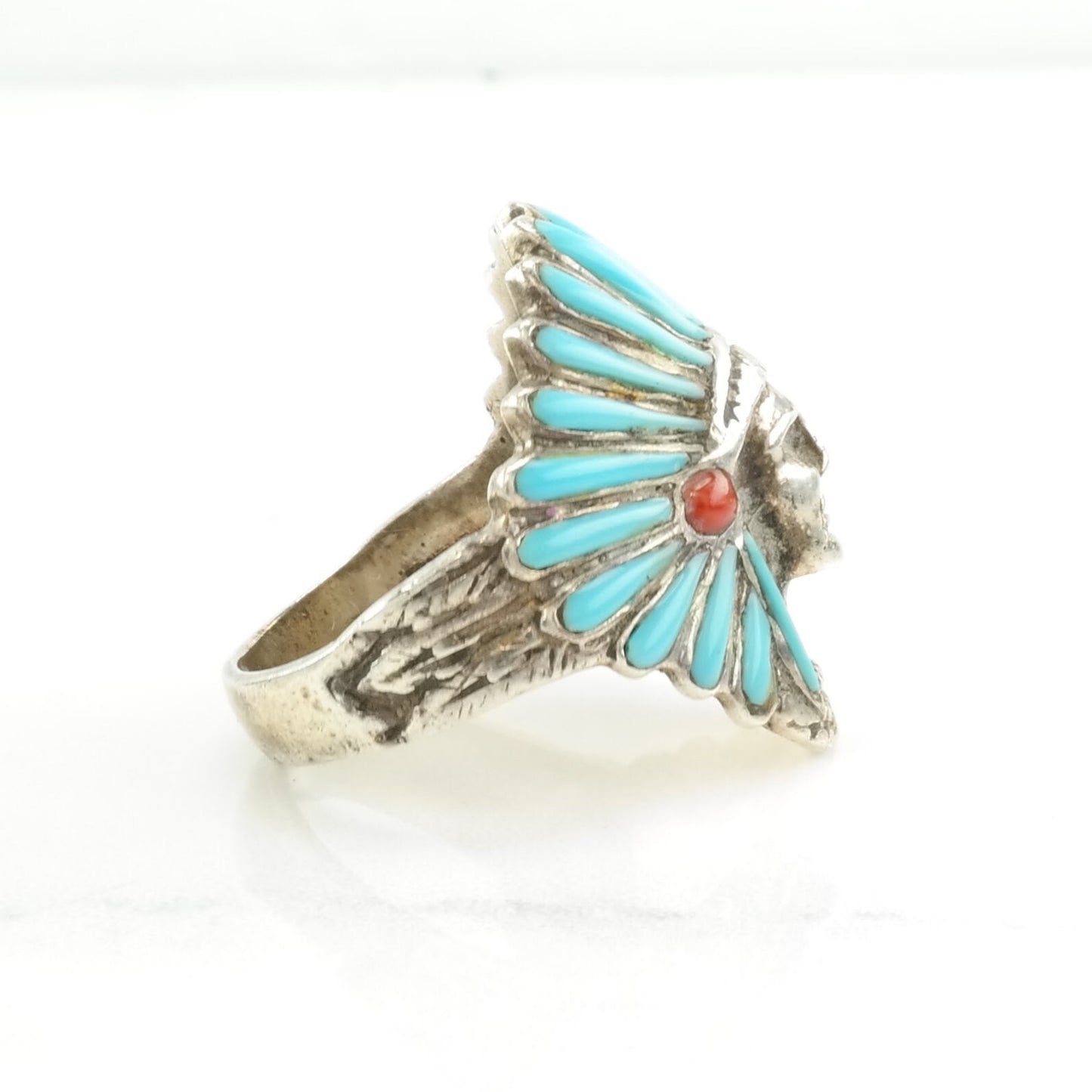 Biker Silver Ring Created Turquoise, Created Coral Headdress, Chief Sterling Blue, Red Size 11 3/4