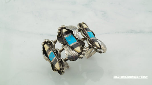 Native American 1970 Sterling Silver Inlay Cuff Bracelet Turquoise & Gemstone