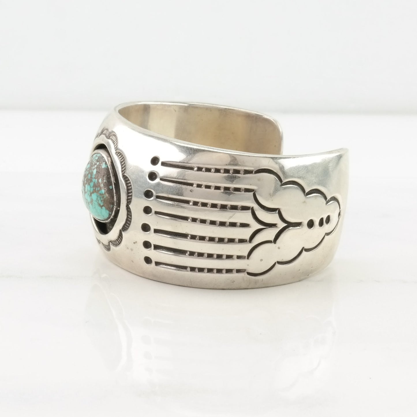 Vintage Native American Sterling Silver Cuff Bracelet Blue Spiderweb Turquoise Shadowbox, Overlay