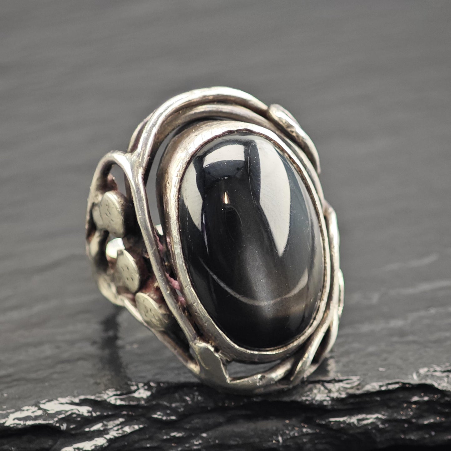 Black Cats Eye Quartz Modernist Sterling Silver Ring Sz 8 R6637