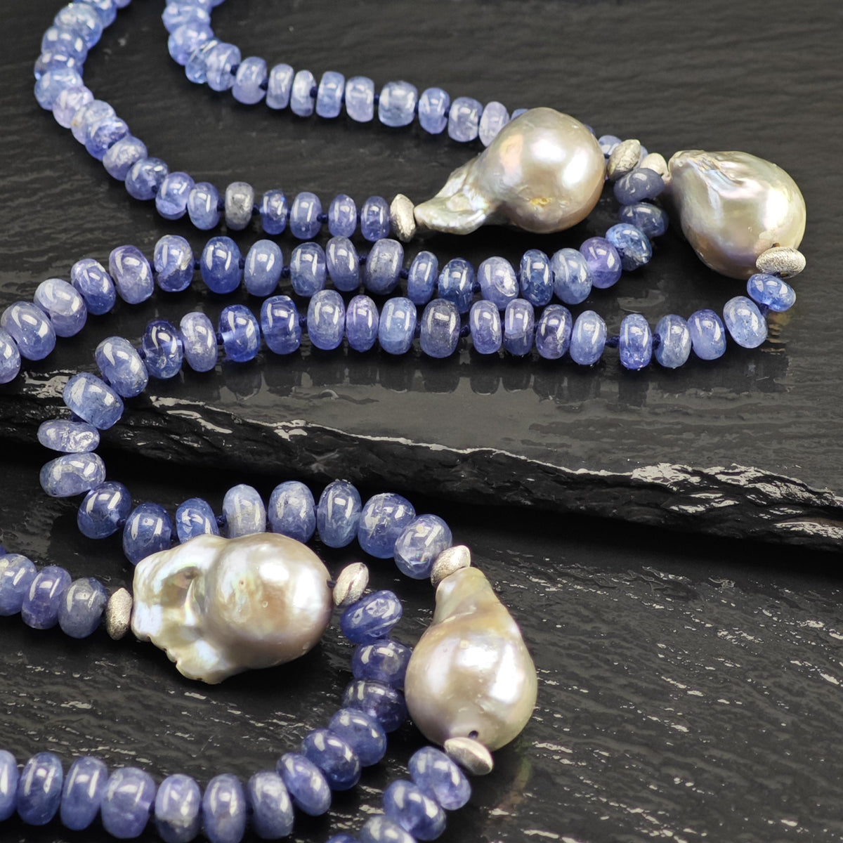 Blue Tanzanite Pearl Beaded Necklace Sterling Silver N2781