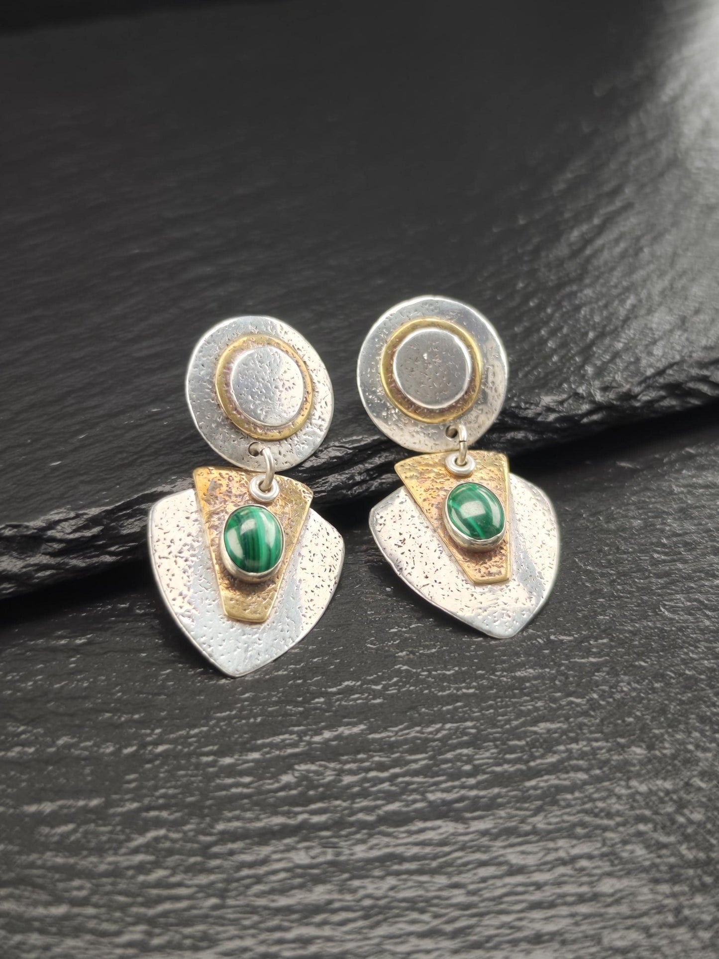 Modernist Green, Gold Malachite Brass Stud/Dangle Earrings Sterling Silver