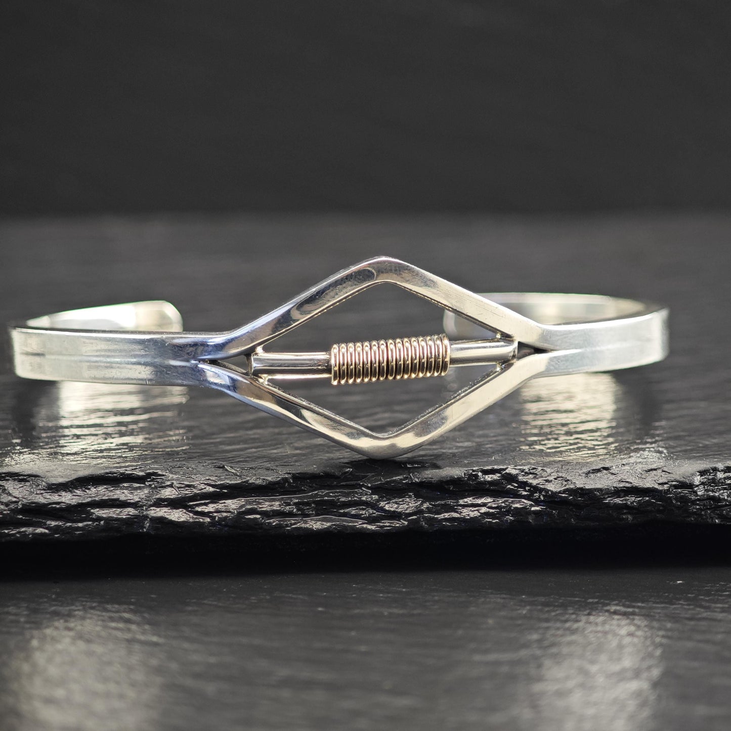 Modernist Gold Spring Cuff Bracelet Sterling Silver