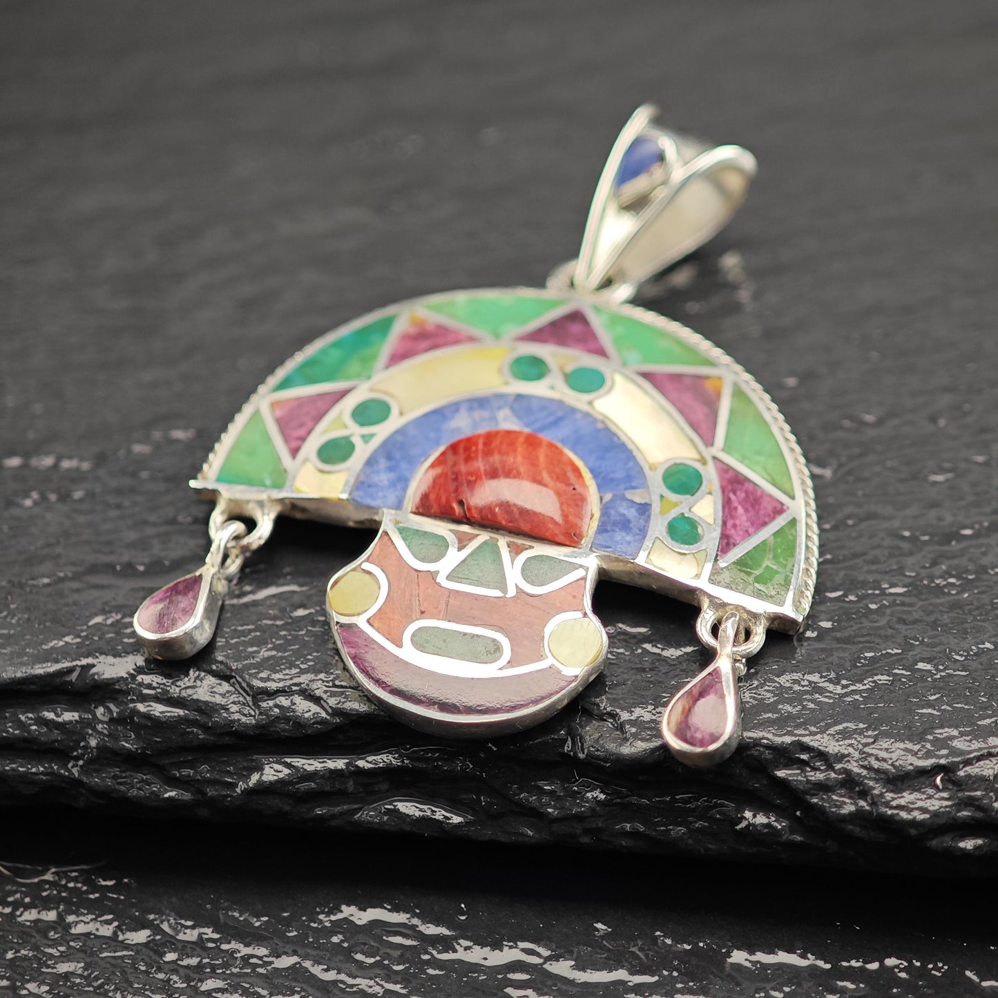 Vintage Gemstone Inlay Tumi Pendant Sterling Silver