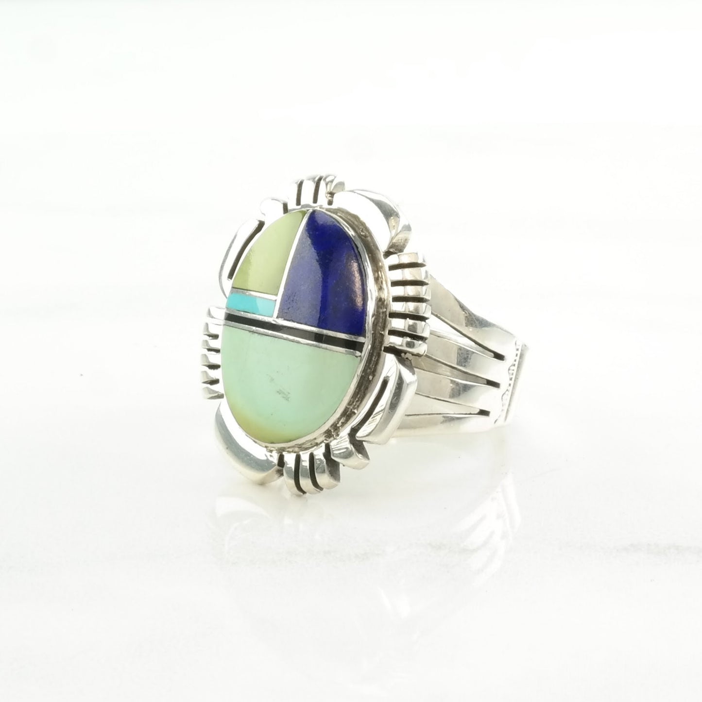 Vintage Native American Silver Ring Lapis Lazuli, Turquoise Inlay Sterling Size 9 1/2