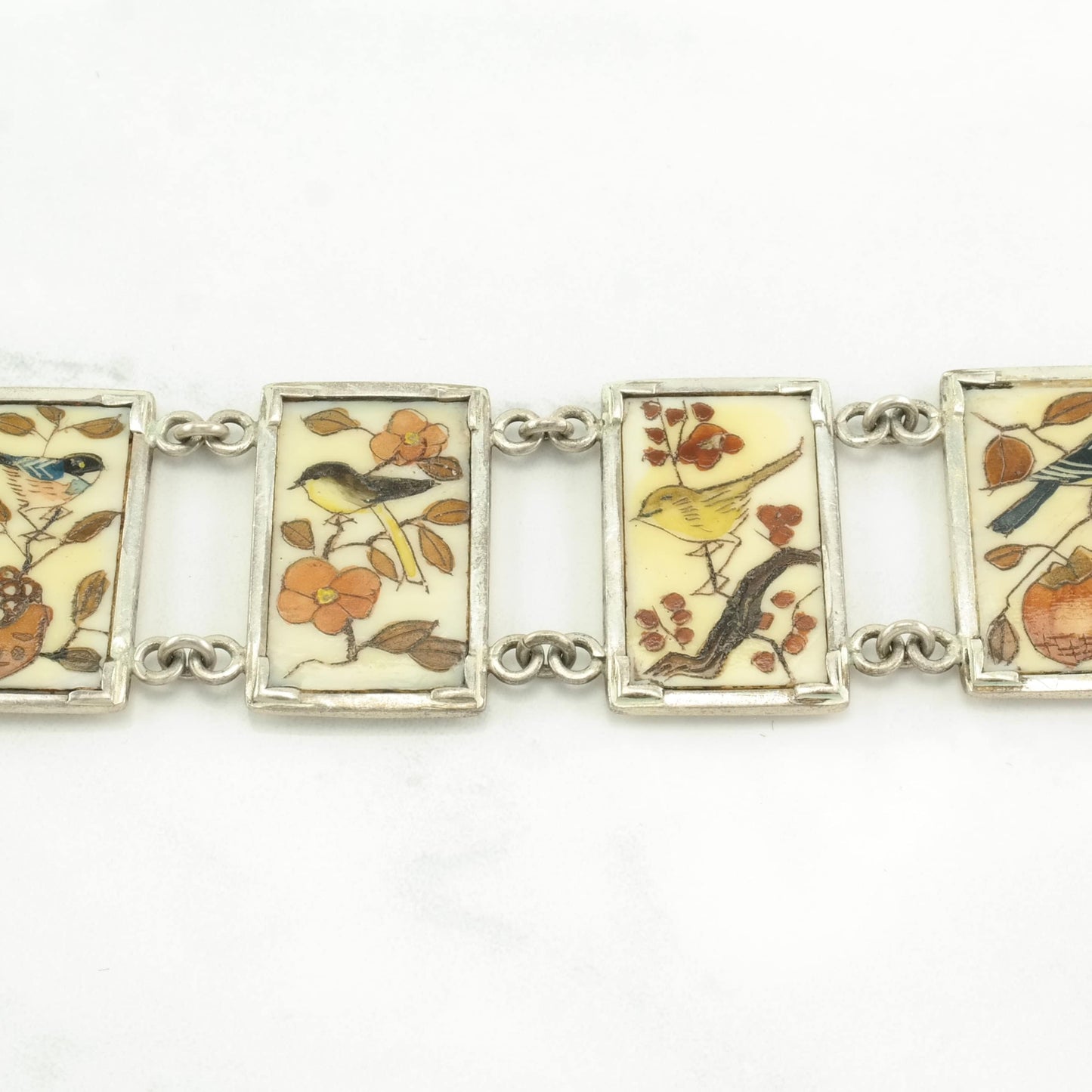 Sterling Silver Link Bracelet Hand Painted Birds, Resin