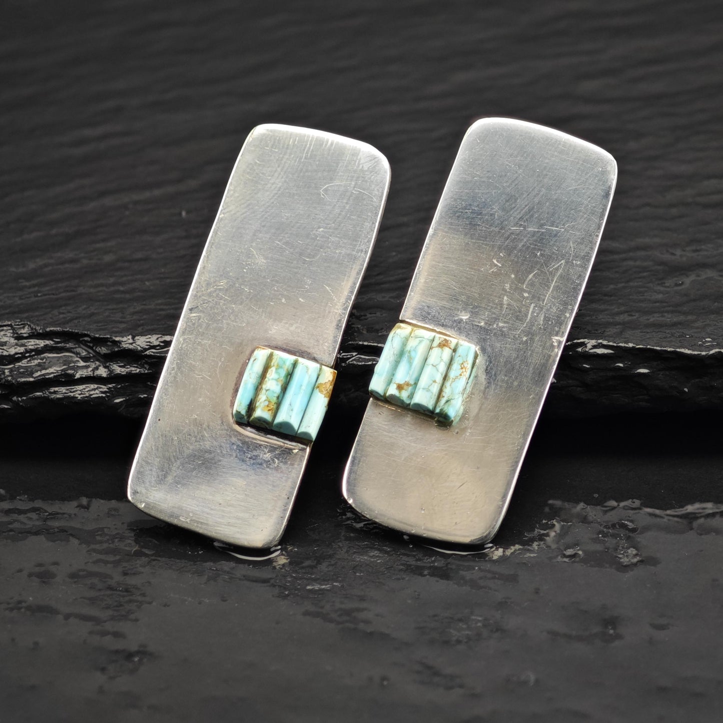 AS IS, Native American #8 Turquoise Cobble Stone Inlay Sterling Silver Stud Earrings ER3120