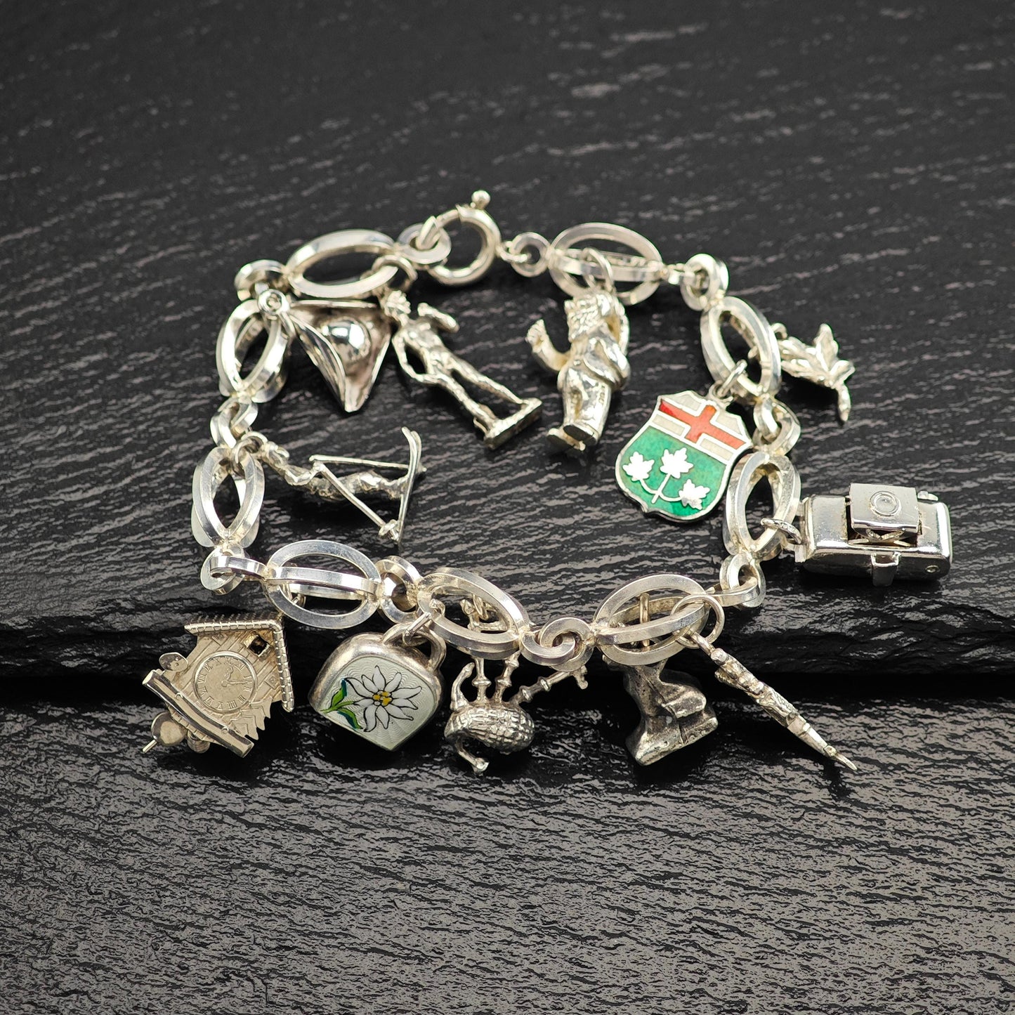 1950's 10 Charm Bracelet 1 Pewter, Enamel, Skier Sterling Silver
