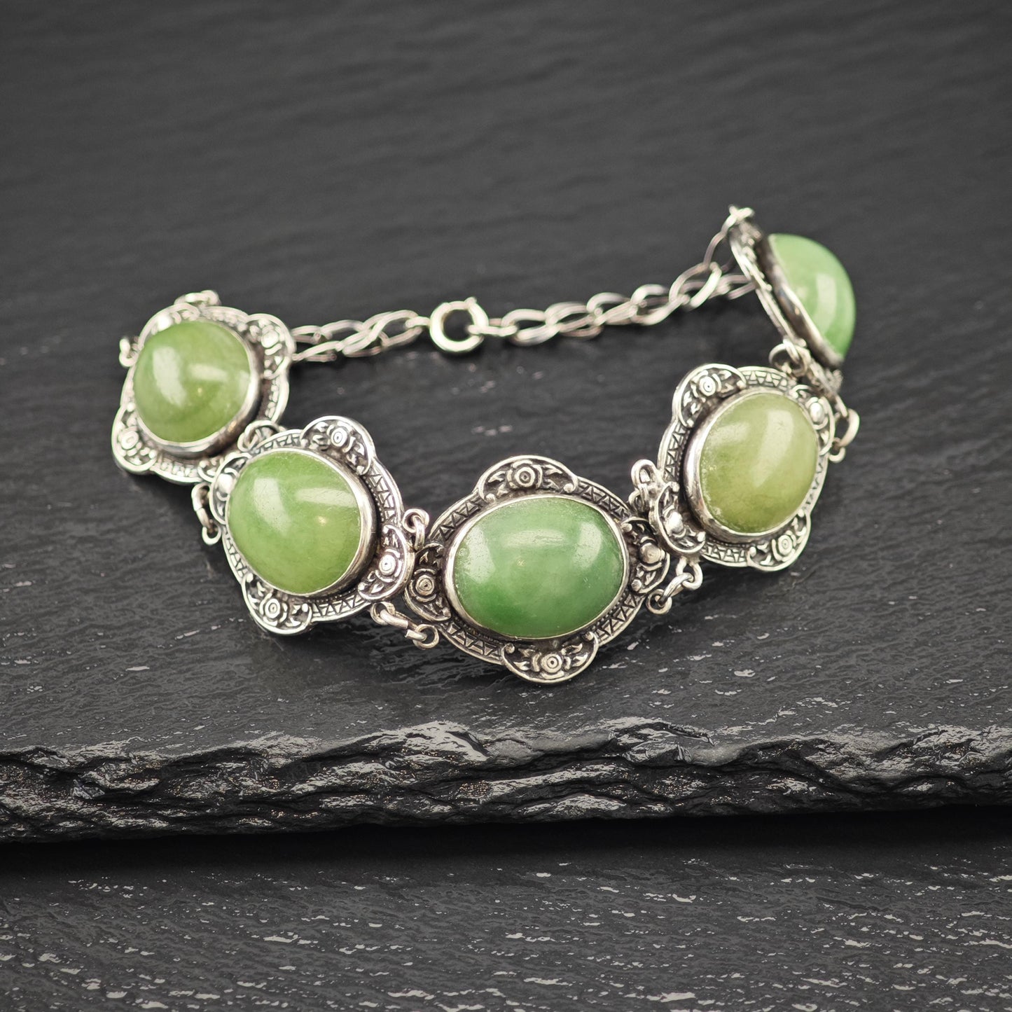 Antique Green Gemstone Cabochons Bracelet Sterling Silver Size 7 1/4"