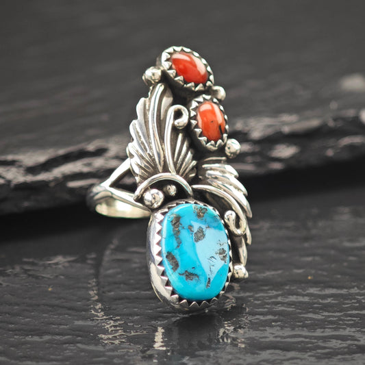 Native American Turquoise, Coral Ring Sterling Silver