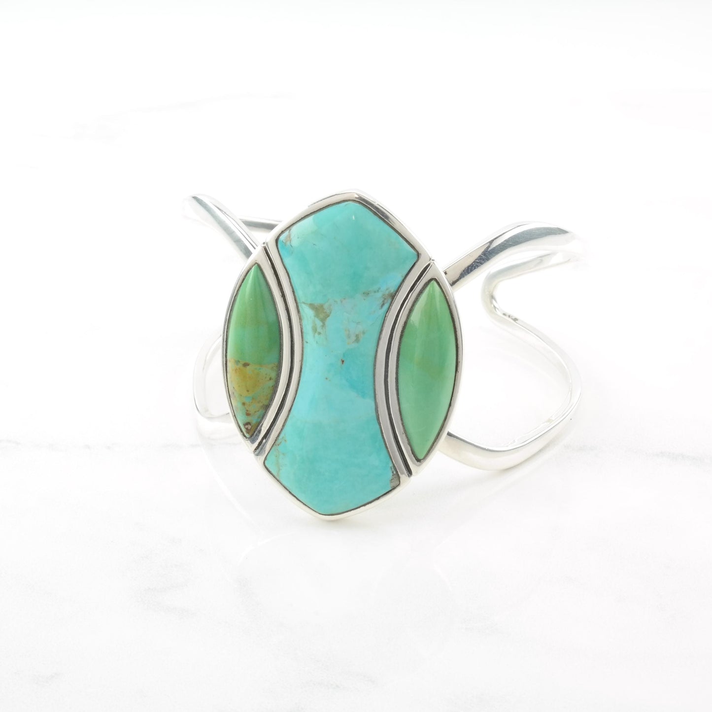 Barse Blue, Green Reconstituted Turquoise, Modernist Sterling Silver Cuff Bracelet