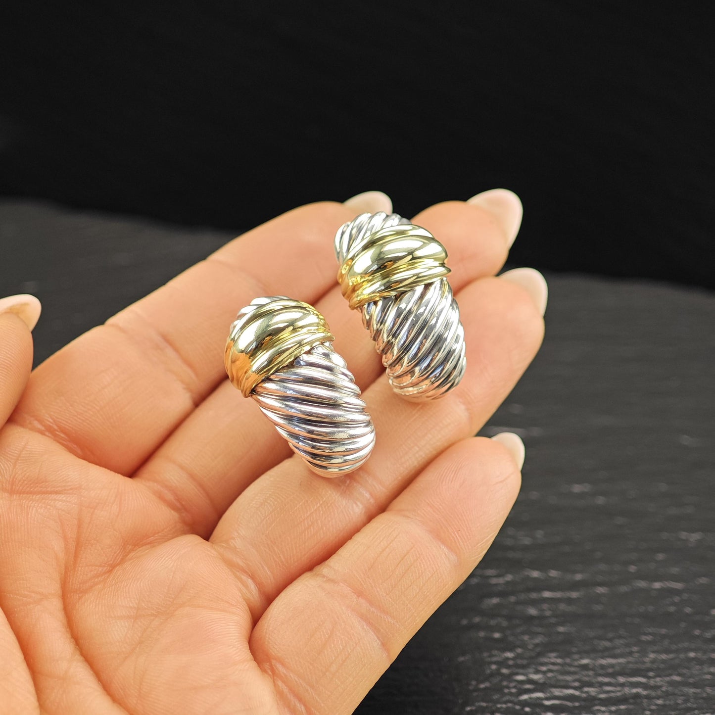 AS IS David Yurman Gold Shrimp 14K, Gold Post Omega Back Earrings Sterling Silver