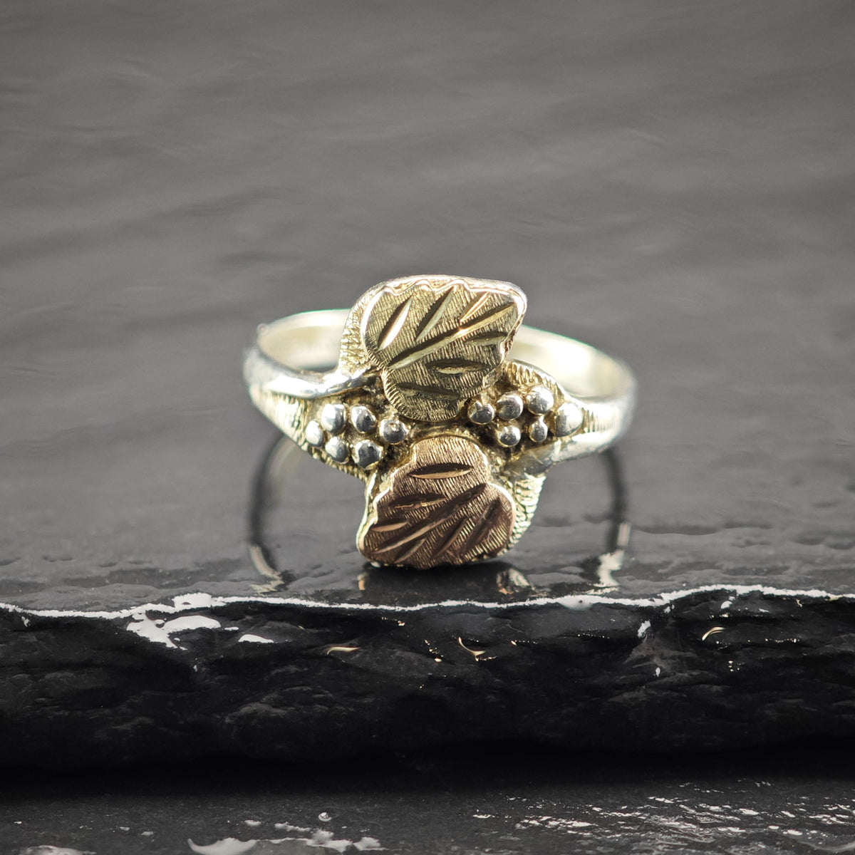 10K Gold Leaf Sterling Silver Ring Sz 6 R6828