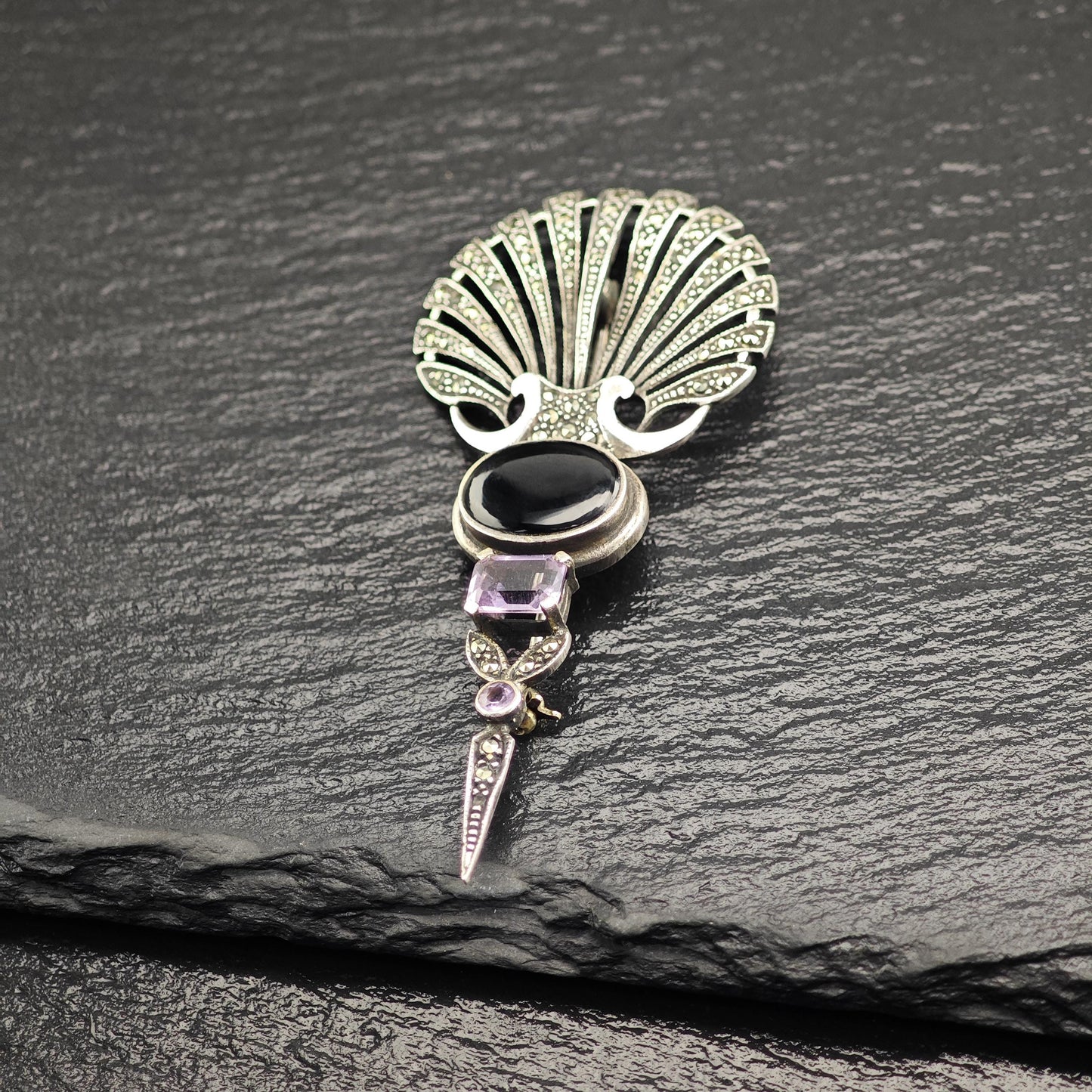 Art Deco Style Onyx, Amethyst, Marcasite Sterling Silver Brooch