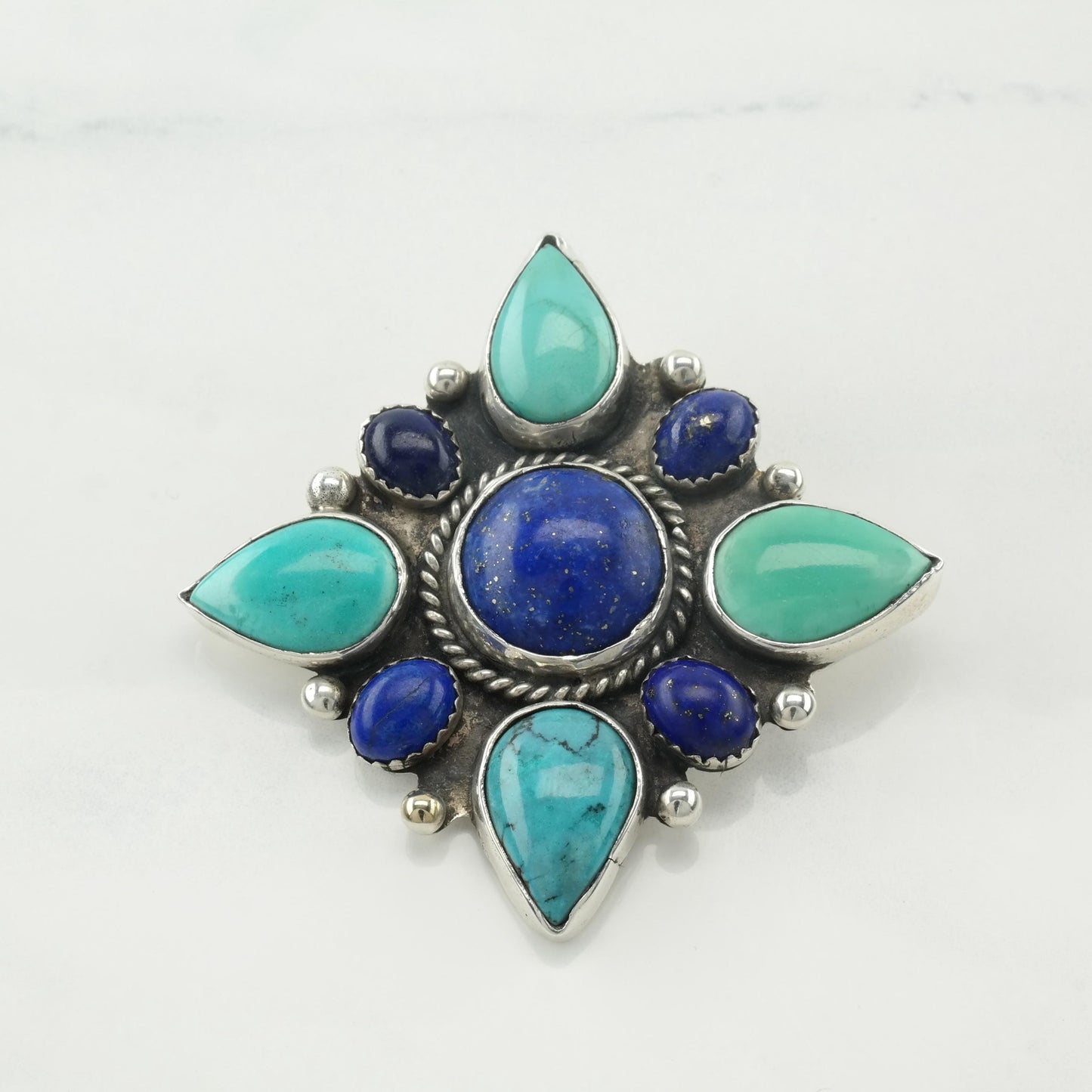 Southwest Blue Turquoise & Lapis Brooch Sterling Silver