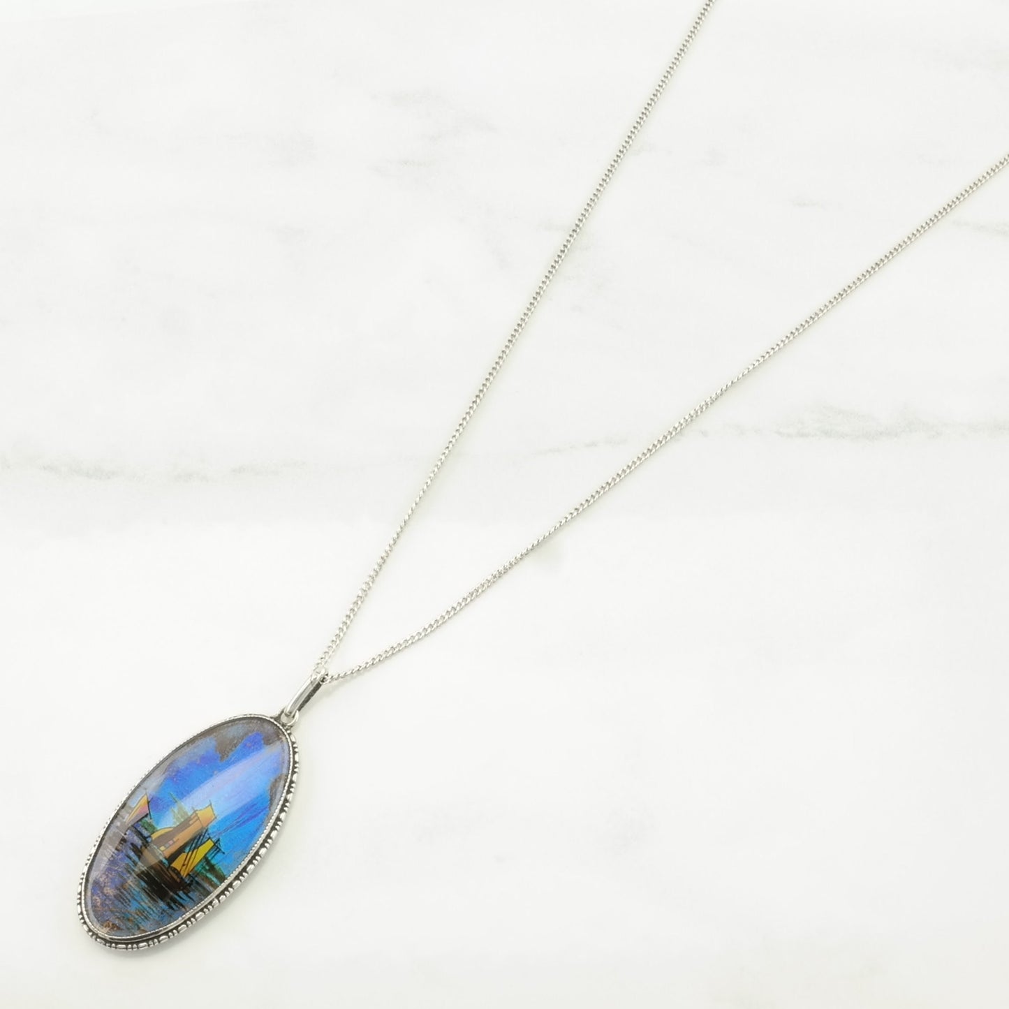 English Sterling Silver Blue, Iridescent Butterfly Wing Painted Boats Necklace