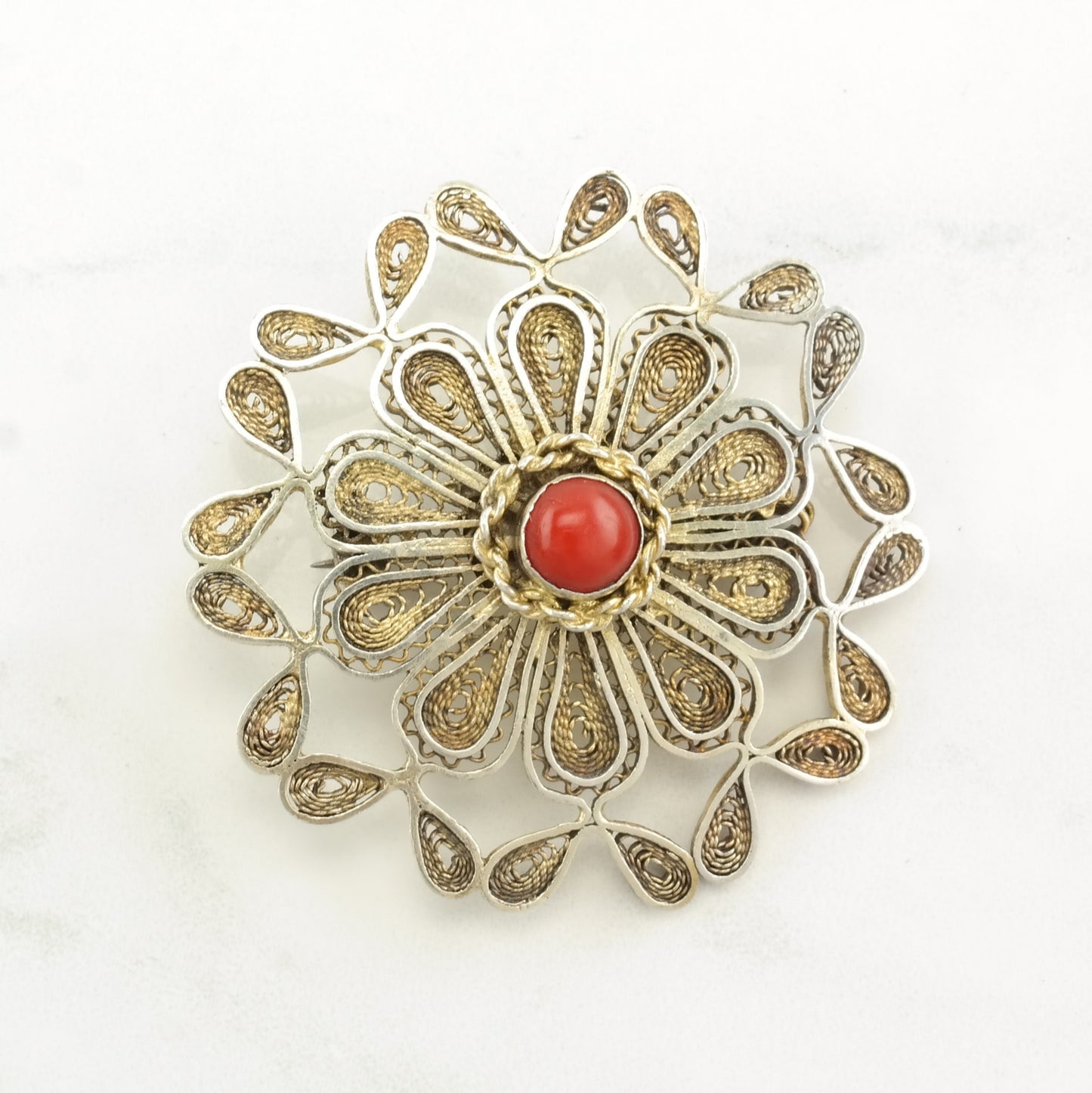 Israeli Sterling Silver Brooch Filigree, Gold Tone Coral